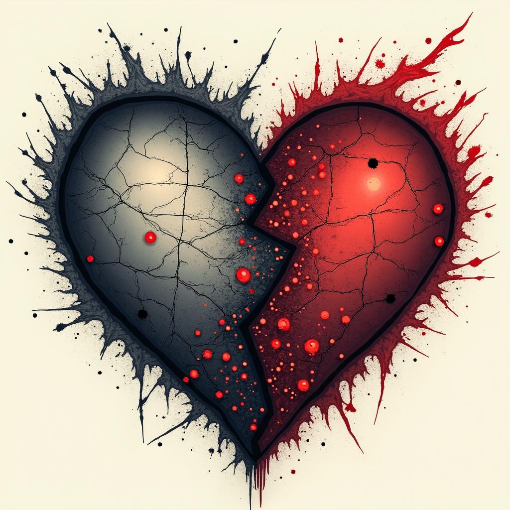 Here is a detailed description of the tattoo composition in the Trash Polka style that combines the symbolism of Ukraine and Poland in the concept of "Two Hearts / Two Lands":
---
### Concept of the Composition
- **Central Element:**
Two intertwining or separated stylized hearts symbolize the duality between desires, home, past and future (Ukraine) and reality, present, refuge (Poland). The shape of the hearts can be dynamic, depicted with distinctly contrasting strokes characteristic of Trash Polka.
- **Ukrainian Half:**
- *Symbols and Details:*
Here, one can use a black outline of the map of Ukraine, inside of which is a realistically drawn ear of wheat (black-gray) or a cluster of viburnum with bright red berries emphasizing emotional richness.
- *Background and Atmosphere:*
The background can consist of "torn" black strokes symbolizing memories, nostalgia, and longing, creating a softer, almost dissolved effect.
- *Text Elements:*
You can add the word "ДІМ" (home) or "МРІЯ" (dream) in a stylized font, possibly resembling the architectural shapes of a well-known building in your city (for instance, a fragment of the Sulowski Castle in Bielsko-Biała).
- **Polish Half:**
- *Symbols and Details:*
This part can be accentuated through the use of more distinct, sharp black lines and geometric shapes reflecting the structure of reality and modernity. The key symbol is a stylized white eagle from the emblem of Poland, created on an intensely red background (with elements of red strokes and lines).
- *Text Elements:*
On this part of the composition, the word "TERAZ" (now) or the addition of the current date/coordinates highlighting relevance and immediacy would look good.
- **Transition Between Halves:**
The boundary between the Ukrainian and Polish parts will be unclear, "torn," and dynamic. Flowing black inkblots and sharp red lines will create the effect of internal conflict and tension, supporting the drama and emotional depth of the composition.
---
### Notes on the Trash Polka Style
The combination of realism and abstraction characteristic of Trash Polka will ensure visual tension through the use of a monochrome palette dominated by black and bright red accents. Contrasting, bold elements and dynamic graphic strokes will complement the meaning of the composition, turning the tattoo into a true work of art capable of conveying complex emotions and inner contradictions.
---
This concept will allow for the creation of a profound, symbolic tattoo, where each detail—from realistic elements to abstract strokes—tells the story of the search for balance between the past and present, dream and reality.creepy horror tattoo style, featuring an eerie and unsettling skull of a demonic creature, distorted face with sharp fangs, add pentagram symbol - Variation 1