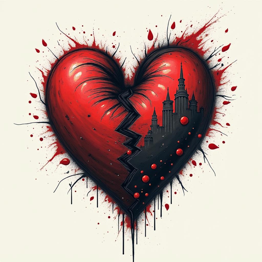 Here is a detailed description of the tattoo composition in the Trash Polka style that combines the symbolism of Ukraine and Poland in the concept of "Two Hearts / Two Lands":
---
### Concept of the Composition
- **Central Element:**
Two intertwining or separated stylized hearts symbolize the duality between desires, home, past and future (Ukraine) and reality, present, refuge (Poland). The shape of the hearts can be dynamic, depicted with distinctly contrasting strokes characteristic of Trash Polka.
- **Ukrainian Half:**
- *Symbols and Details:*
Here, one can use a black outline of the map of Ukraine, inside of which is a realistically drawn ear of wheat (black-gray) or a cluster of viburnum with bright red berries emphasizing emotional richness.
- *Background and Atmosphere:*
The background can consist of "torn" black strokes symbolizing memories, nostalgia, and longing, creating a softer, almost dissolved effect.
- *Text Elements:*
You can add the word "ДІМ" (home) or "МРІЯ" (dream) in a stylized font, possibly resembling the architectural shapes of a well-known building in your city (for instance, a fragment of the Sulowski Castle in Bielsko-Biała).
- **Polish Half:**
- *Symbols and Details:*
This part can be accentuated through the use of more distinct, sharp black lines and geometric shapes reflecting the structure of reality and modernity. The key symbol is a stylized white eagle from the emblem of Poland, created on an intensely red background (with elements of red strokes and lines).
- *Text Elements:*
On this part of the composition, the word "TERAZ" (now) or the addition of the current date/coordinates highlighting relevance and immediacy would look good.
- **Transition Between Halves:**
The boundary between the Ukrainian and Polish parts will be unclear, "torn," and dynamic. Flowing black inkblots and sharp red lines will create the effect of internal conflict and tension, supporting the drama and emotional depth of the composition.
---
### Notes on the Trash Polka Style
The combination of realism and abstraction characteristic of Trash Polka will ensure visual tension through the use of a monochrome palette dominated by black and bright red accents. Contrasting, bold elements and dynamic graphic strokes will complement the meaning of the composition, turning the tattoo into a true work of art capable of conveying complex emotions and inner contradictions.
---
This concept will allow for the creation of a profound, symbolic tattoo, where each detail—from realistic elements to abstract strokes—tells the story of the search for balance between the past and present, dream and reality.creepy horror tattoo style, featuring an eerie and unsettling skull of a demonic creature, distorted face with sharp fangs, add pentagram symbol - Variation 3