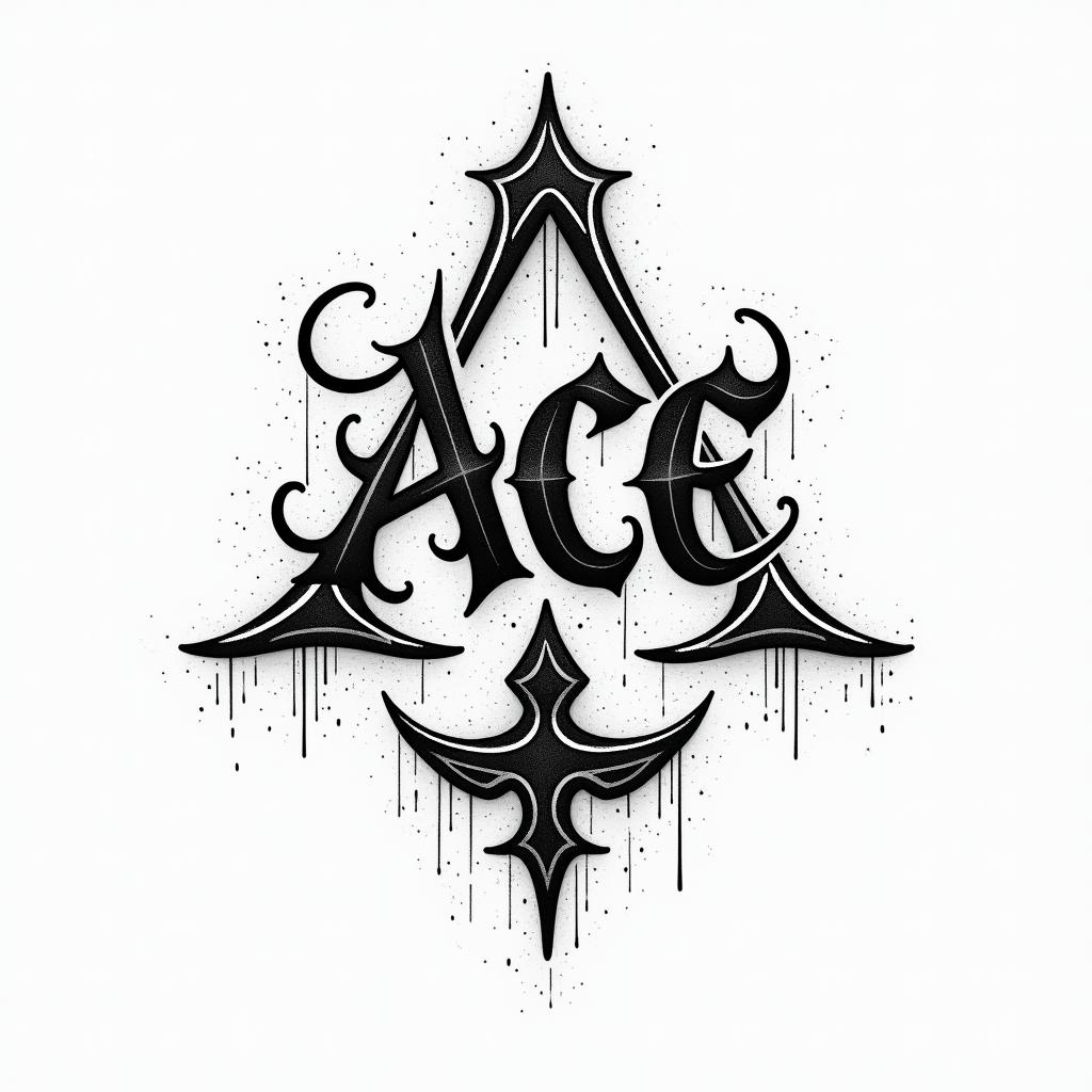 Ace malettatext-based tattoo, gothic font ultra-realistic, perfectly placed, high-quality font design, photo-realistic shading, 8k, high quality, finely detailed typography - Variation 4