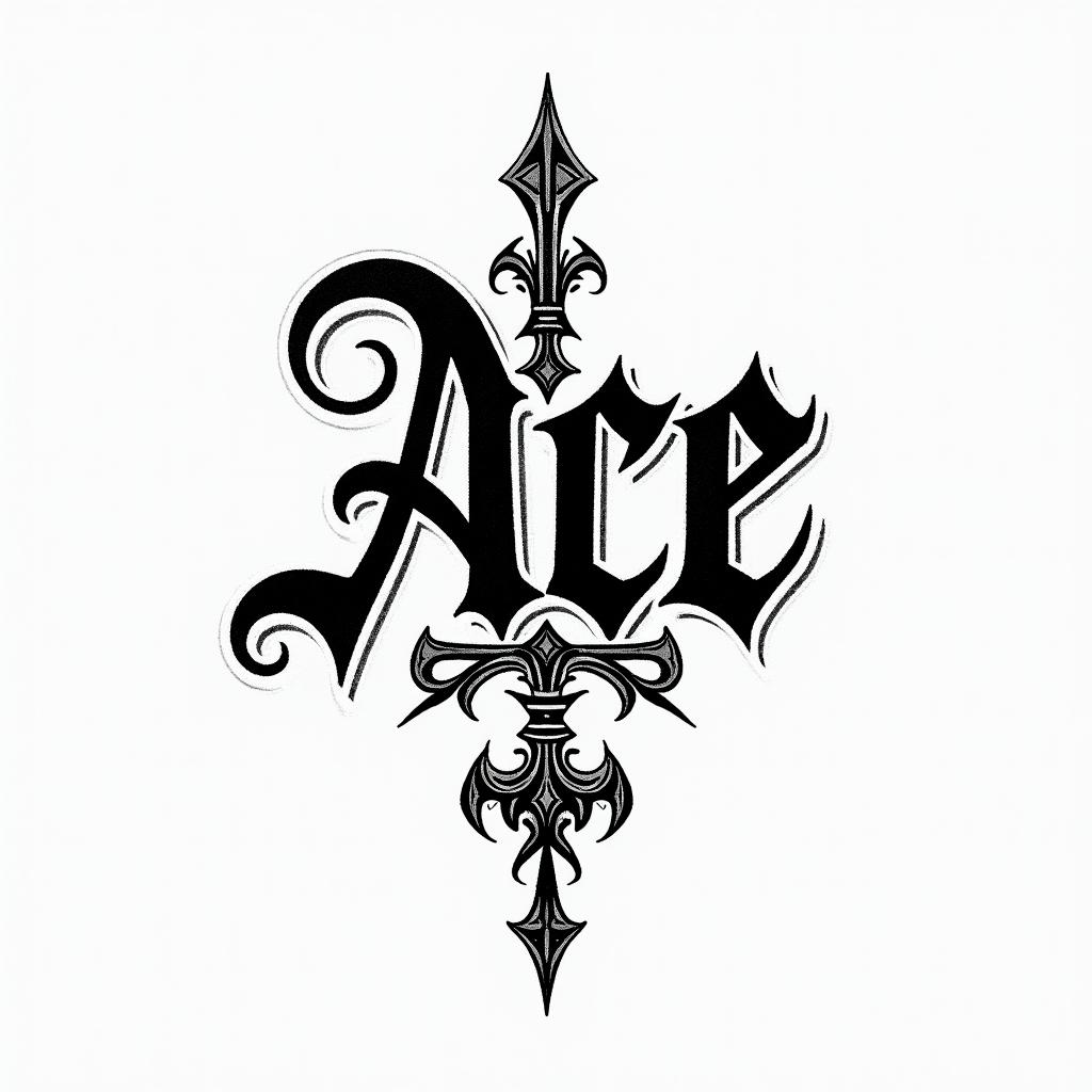 Ace malettatext-based tattoo, gothic font ultra-realistic, perfectly placed, high-quality font design, photo-realistic shading, 8k, high quality, finely detailed typography - Variation 2