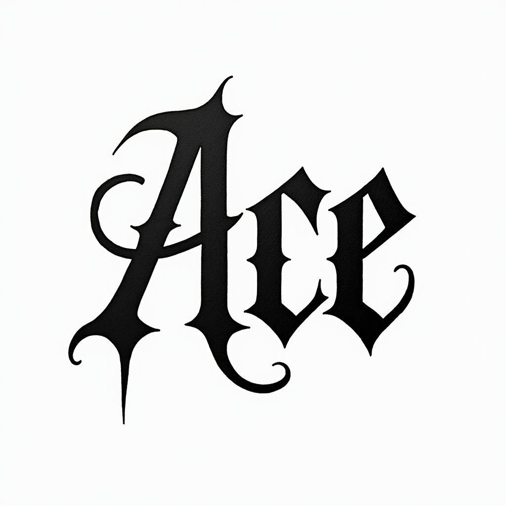 Ace malettatext-based tattoo, gothic font ultra-realistic, perfectly placed, high-quality font design, photo-realistic shading, 8k, high quality, finely detailed typography
