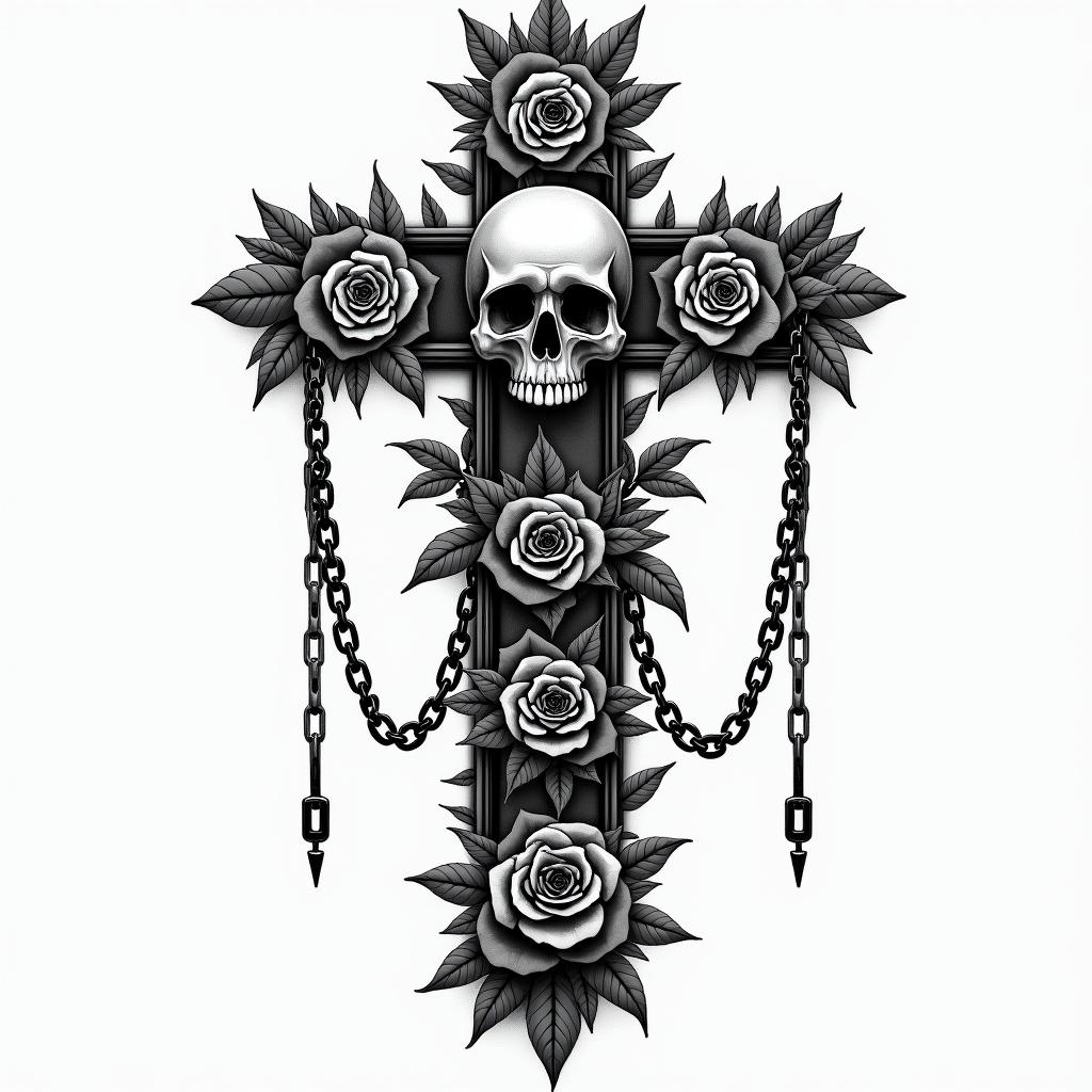 Life of a mix race kid growing upin chicano style tattoo, featuring intricate black and grey shading, bold elements of traditional chicano culture symbols, add a big cross with skull, chains and roses - Variation 8
