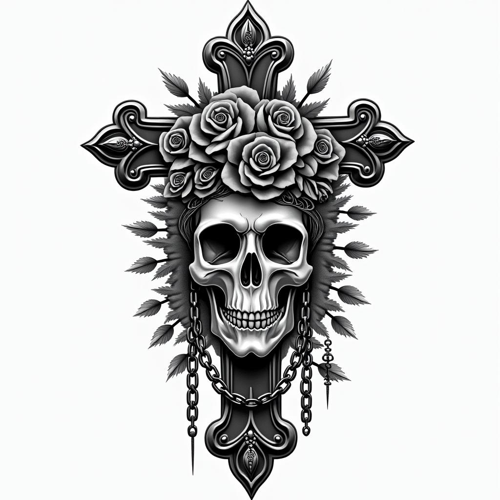 Life of a mix race kid growing upin chicano style tattoo, featuring intricate black and grey shading, bold elements of traditional chicano culture symbols, add a big cross with skull, chains and roses - Variation 7