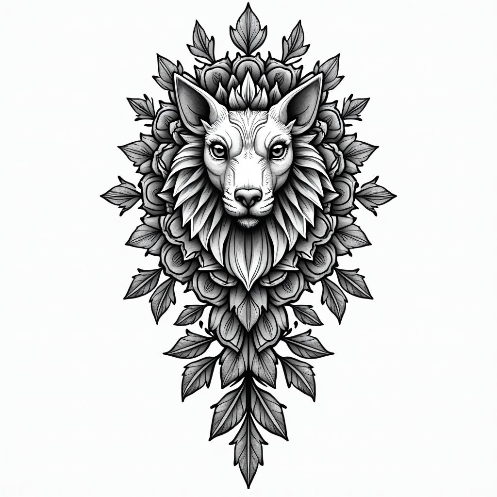 Samuele, half Italian and half English, who loves large animals and is a Pisces, lives in Italy.in ornamental tattoo style, featuring intricate symmetrical patterns and floral designs, showcasing highly detailed line work and geometric shapes, creating a sense of elegance and balance