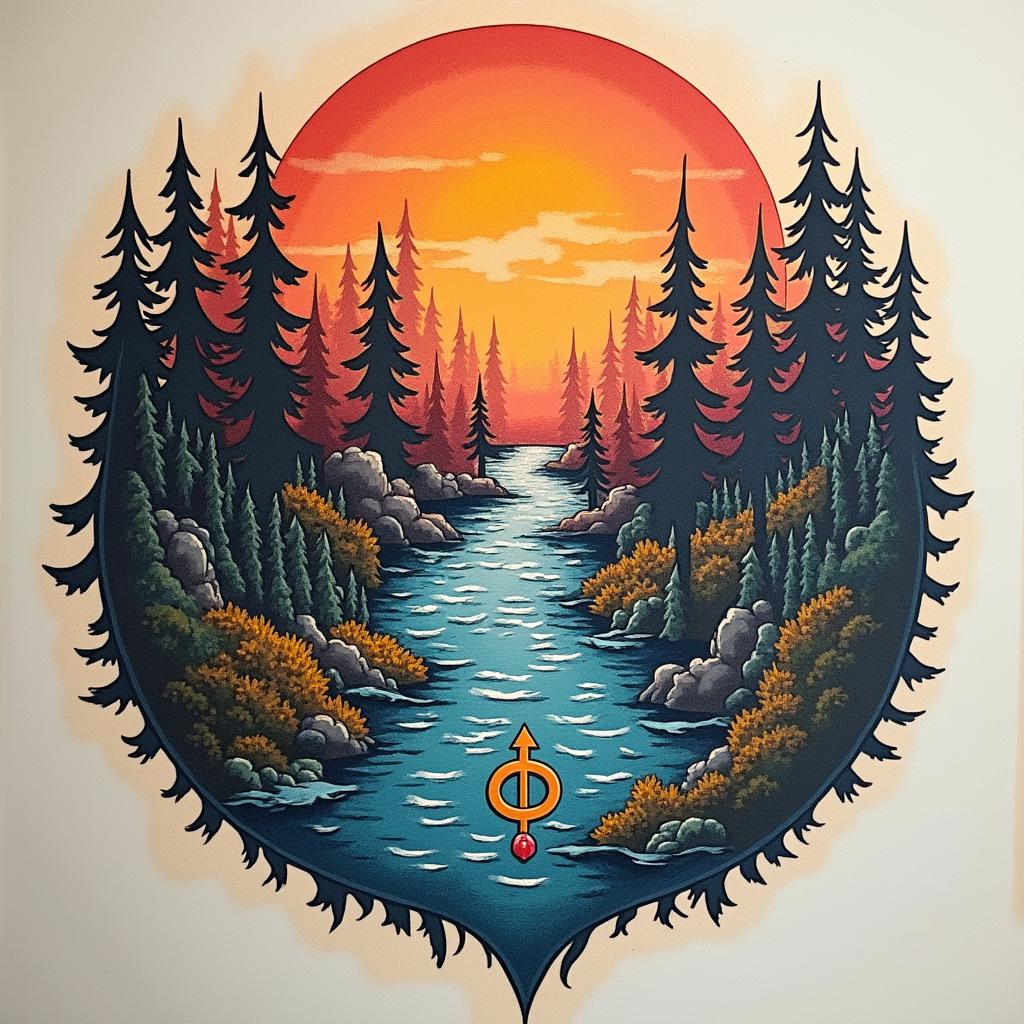 A colorful Nordic-style tattoo design representing family resilience and strength, featuring a vibrant river symbolizing life for River, intertwined with a bold warrior symbol for Chandler, a ruby for Abigail, a musical note for Sailor's love of singing, an autism infinity symbol for David, and a radiant representation of brilliance for the youngest son, all harmoniously blended in a Viking-inspired style.undefined