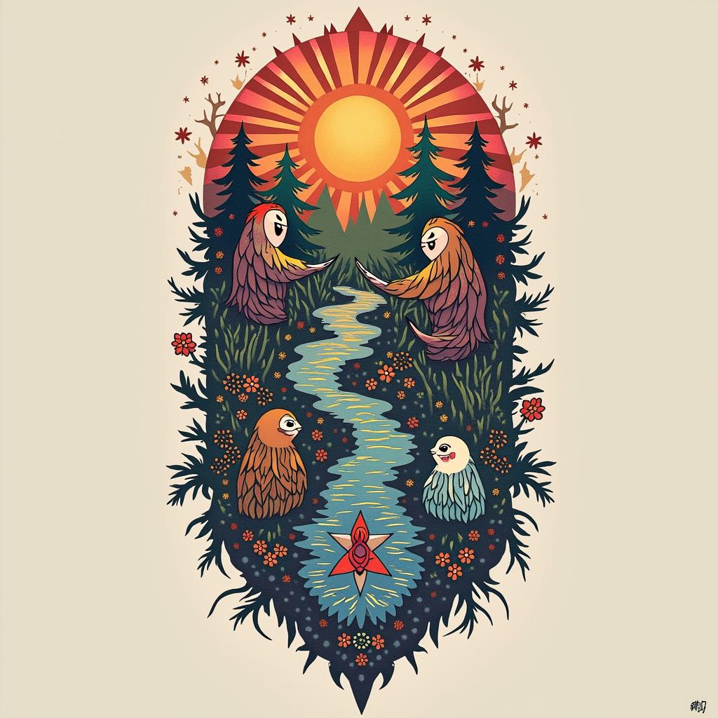 A Nordic tattoo design infused with color, symbolizing family strength. It features a healing river for River, a courageous warrior for Chandler, a ruby for Abigail, a singing note for Sailor, an autism infinity for David, and a bright symbol for the youngest, all in a cohesive Viking theme.undefined