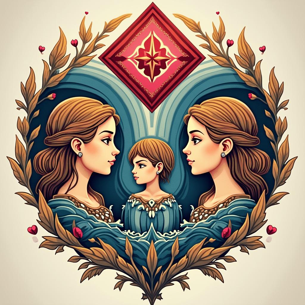 A family tattoo in Nordic style with vivid colors. It interweaves a river for River, a warrior symbol for Chandler, a ruby for Abigail, a musical note for Sailor, an autism infinity for David, and a symbol of brilliance for the youngest, reflecting love and unity.undefined - Variation 1