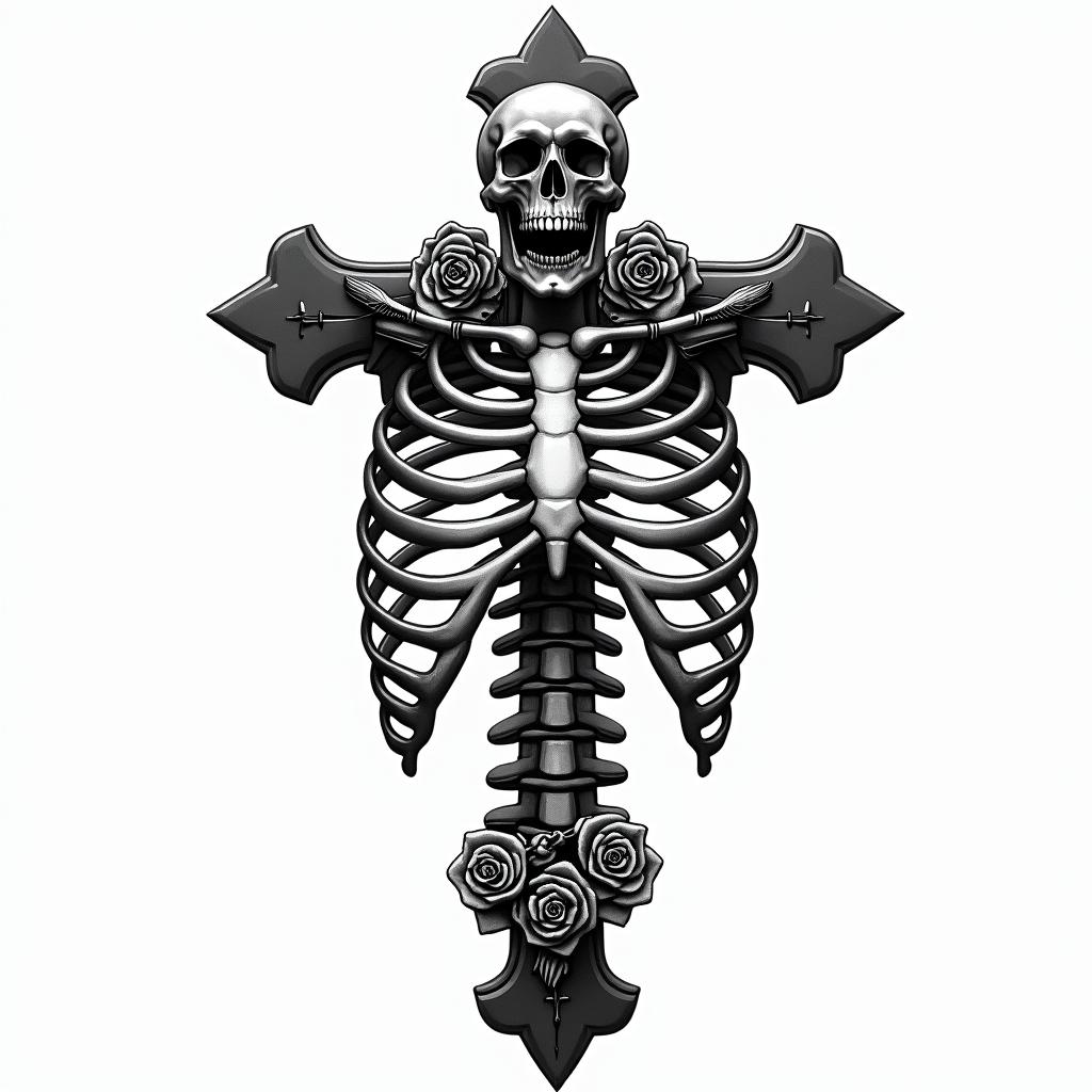 A skeleton rib cage with the army military ranks down the middle of the image black and whitein chicano style tattoo, featuring intricate black and grey shading, bold elements of traditional chicano culture symbols, add a big cross with skull, chains and roses - Variation 2