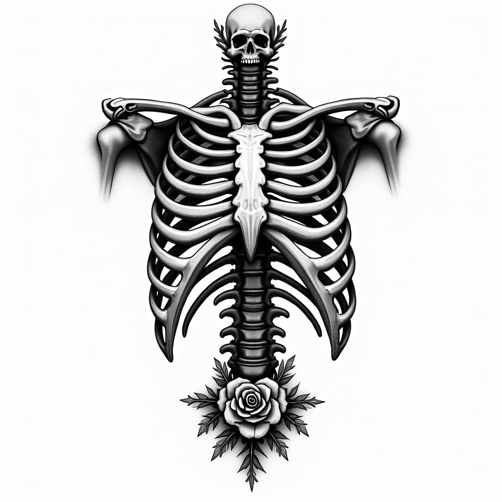 A skeleton rib cage with the army military ranks down the middle of the image black and whitein chicano style tattoo, featuring intricate black and grey shading, bold elements of traditional chicano culture symbols, add a big cross with skull, chains and roses - Variation 4
