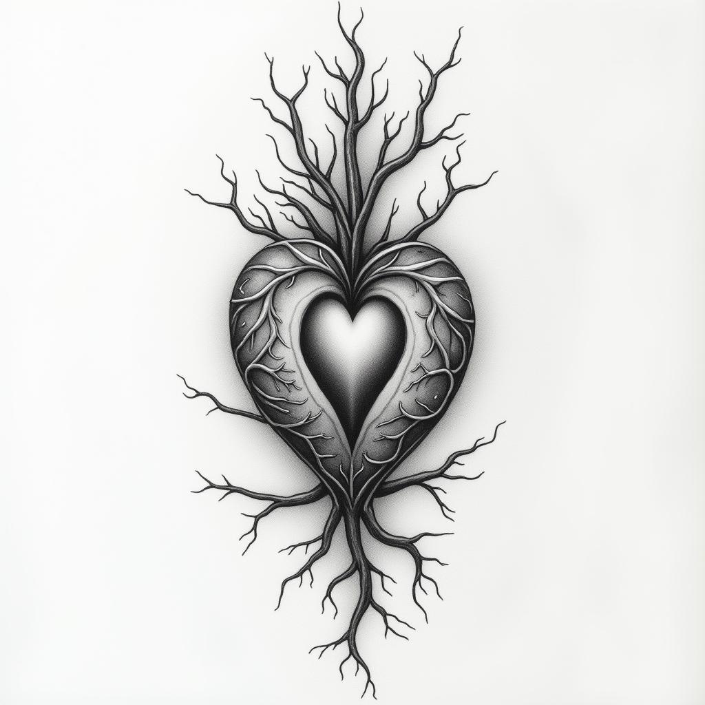 SAH blood vessels with aneurysmin Modest style tattoo, featuring soft, delicate line work with simple and meaningful symbols, gentle waves, a heart, evoking a sense of serenity and grace,