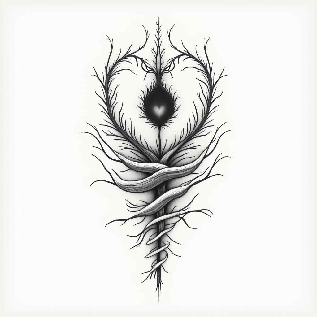 SAH blood vessels with aneurysmin Modest style tattoo, featuring soft, delicate line work with simple and meaningful symbols, gentle waves, a heart, evoking a sense of serenity and grace, - Variation 3