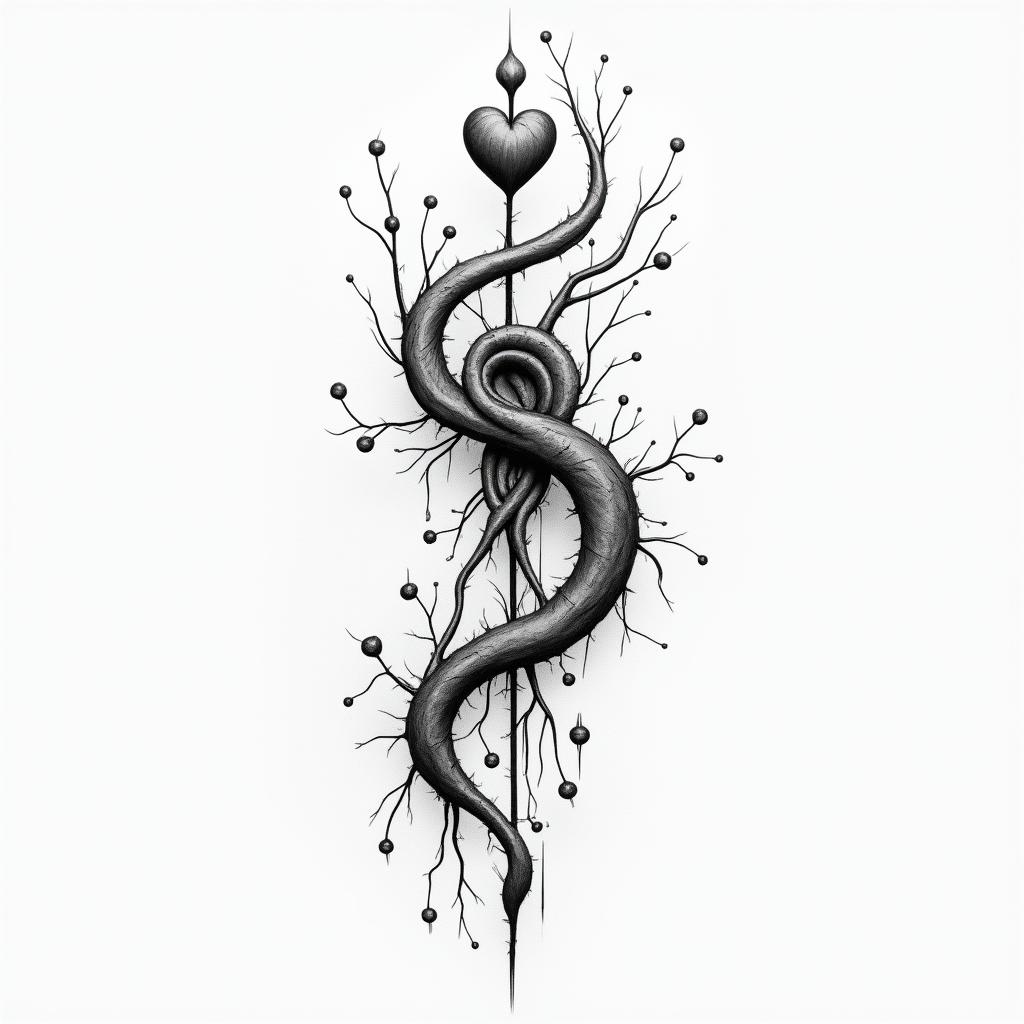 SAH blood vessels with aneurysmin Modest style tattoo, featuring soft, delicate line work with simple and meaningful symbols, gentle waves, a heart, evoking a sense of serenity and grace, - Variation 2