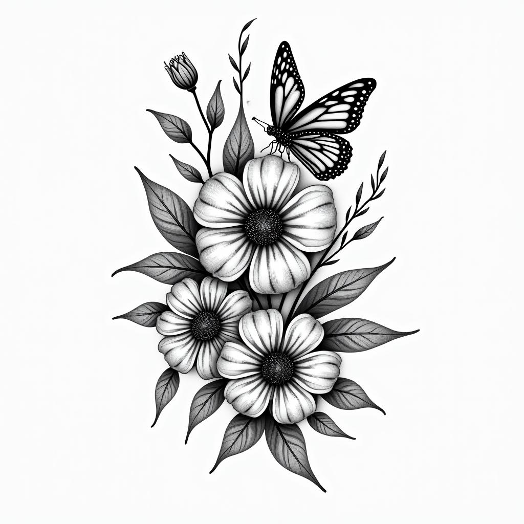 Flowers and butterfly’shigly detailed tattoo - Variation 7