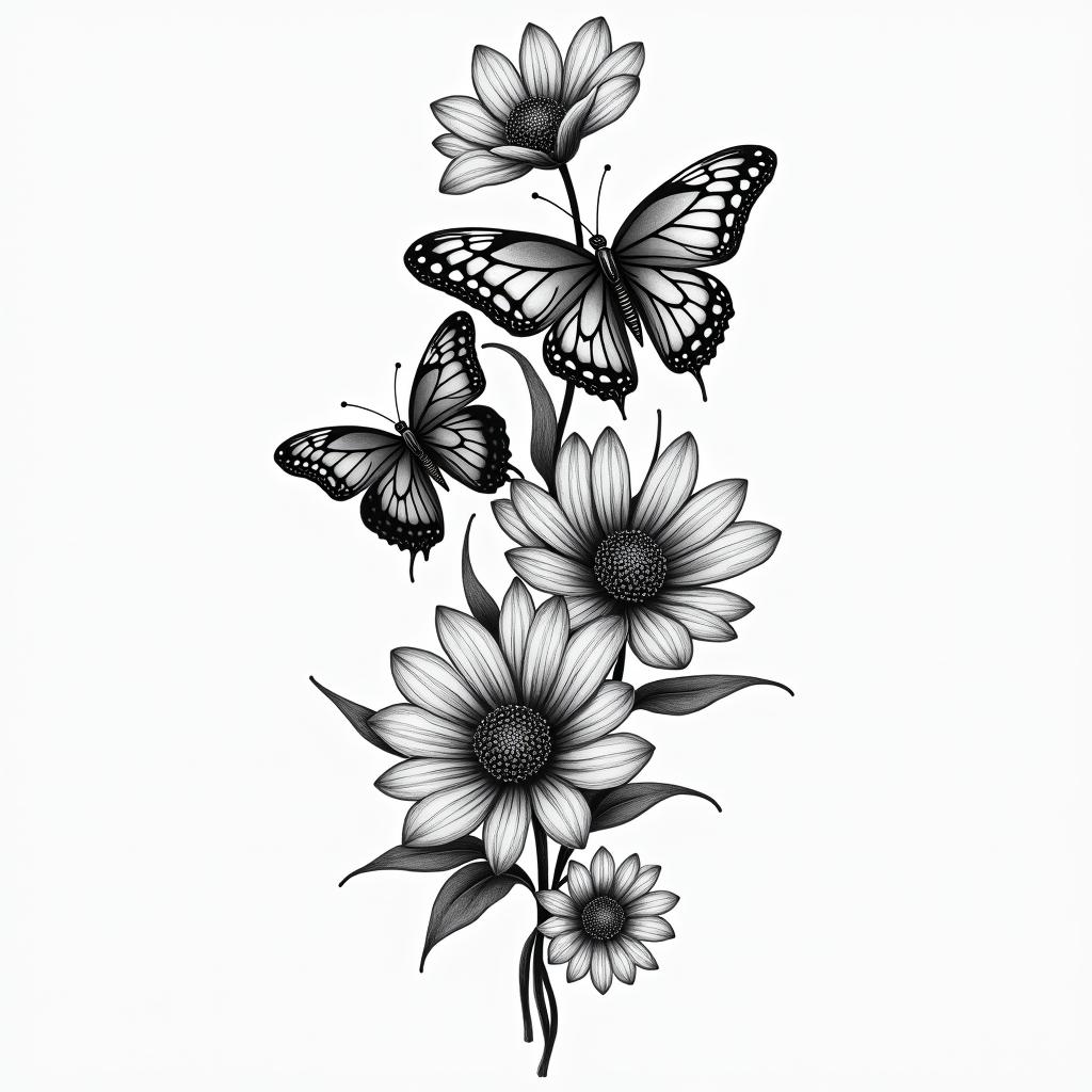 Flowers and butterfly’shigly detailed tattoo - Variation 5