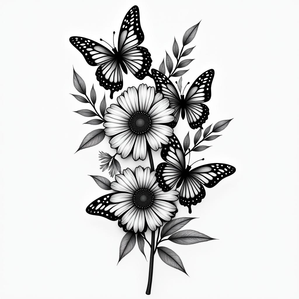 Flowers and butterfly’shigly detailed tattoo - Variation 6