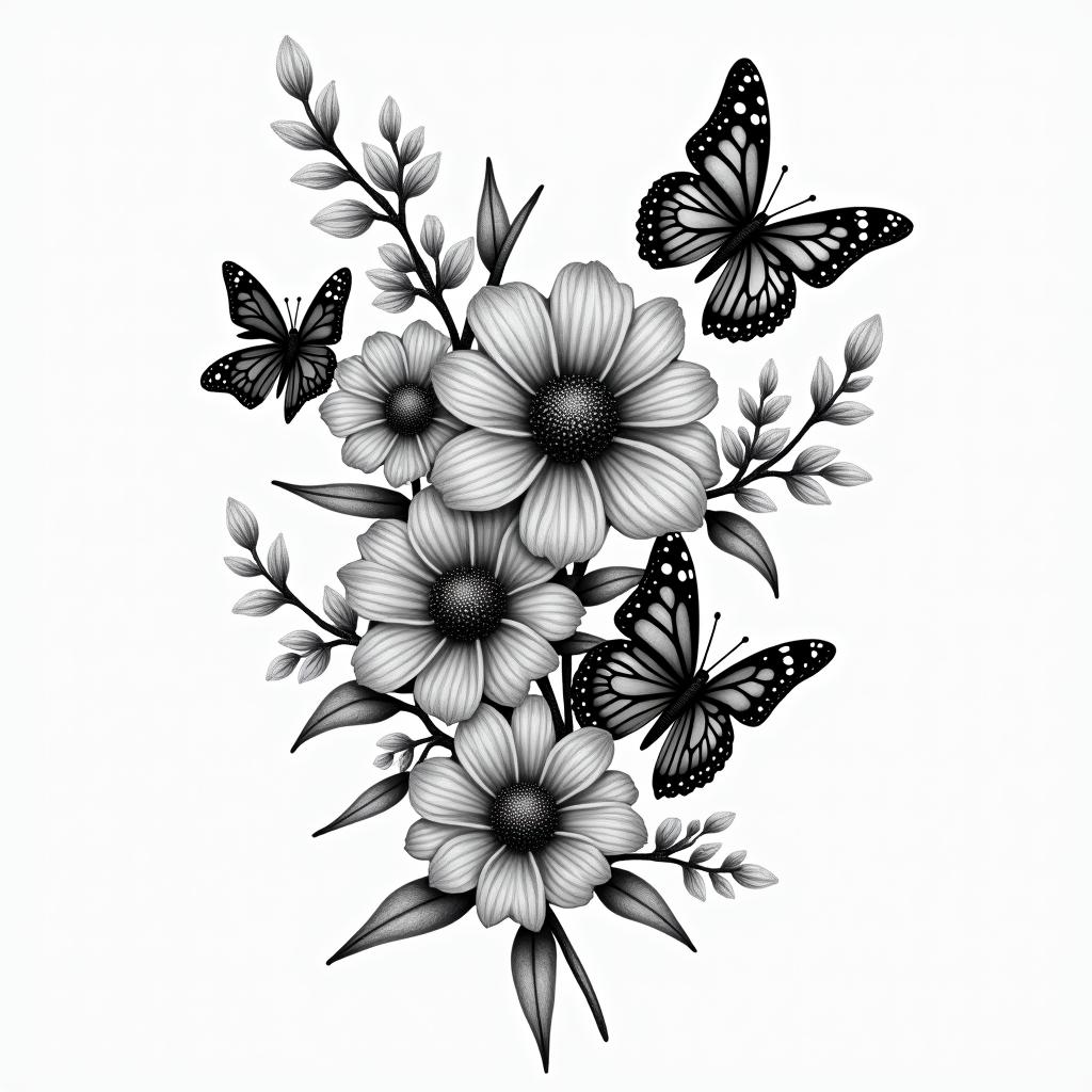 Flowers and butterfly’shigly detailed tattoo - Variation 8