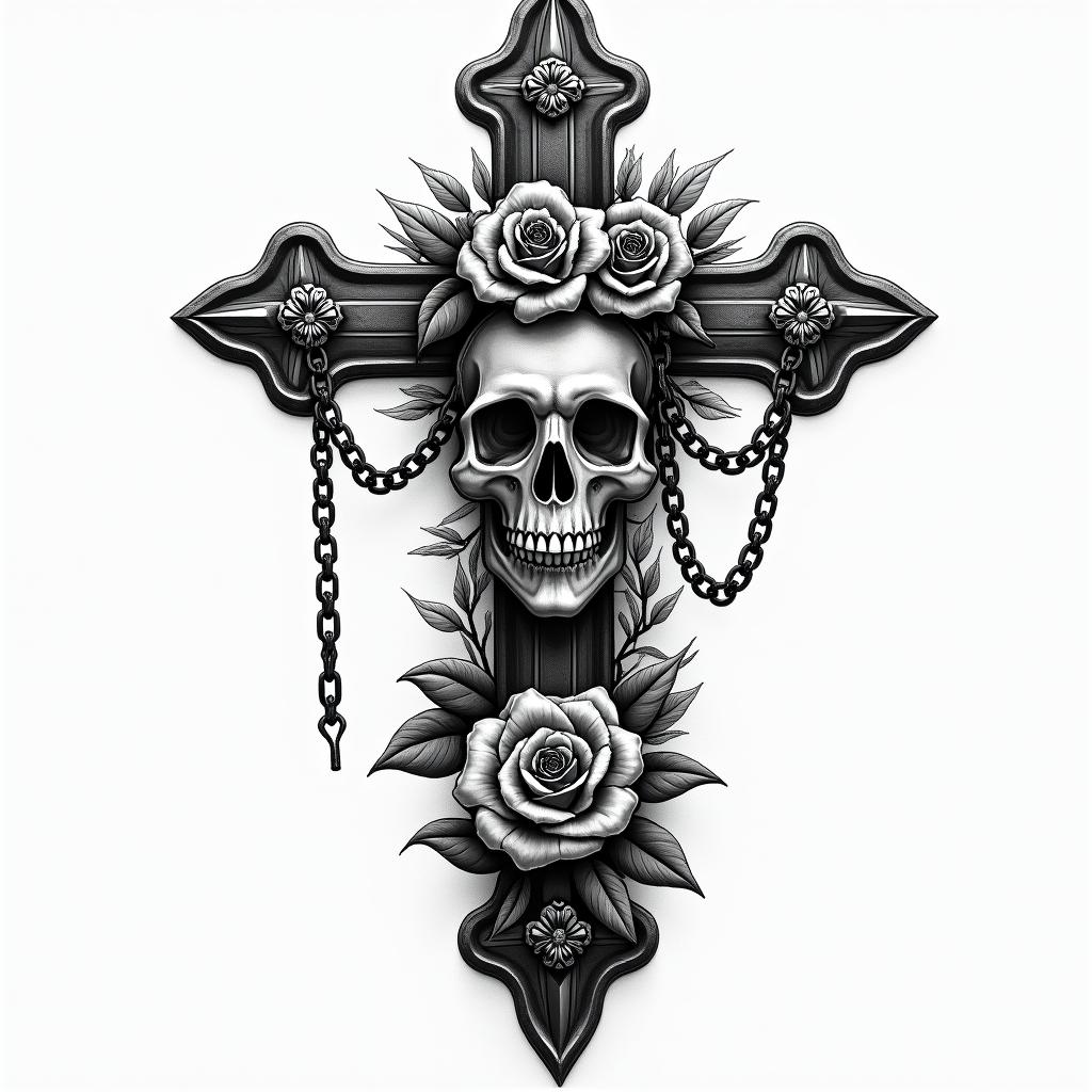 Life of a mix race kid growing upin chicano style tattoo, featuring intricate black and grey shading, bold elements of traditional chicano culture symbols, add a big cross with skull, chains and roses - Variation 3