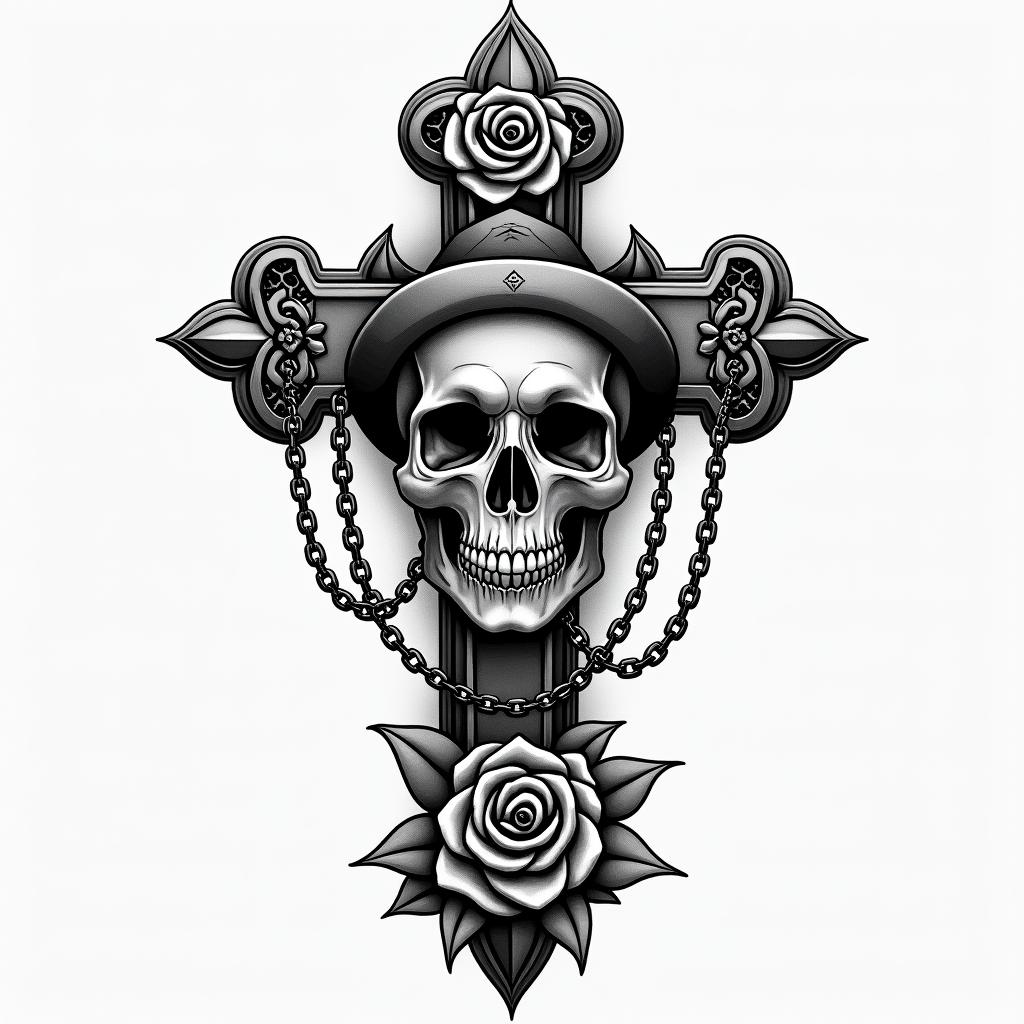 Life of a mix race kid growing upin chicano style tattoo, featuring intricate black and grey shading, bold elements of traditional chicano culture symbols, add a big cross with skull, chains and roses