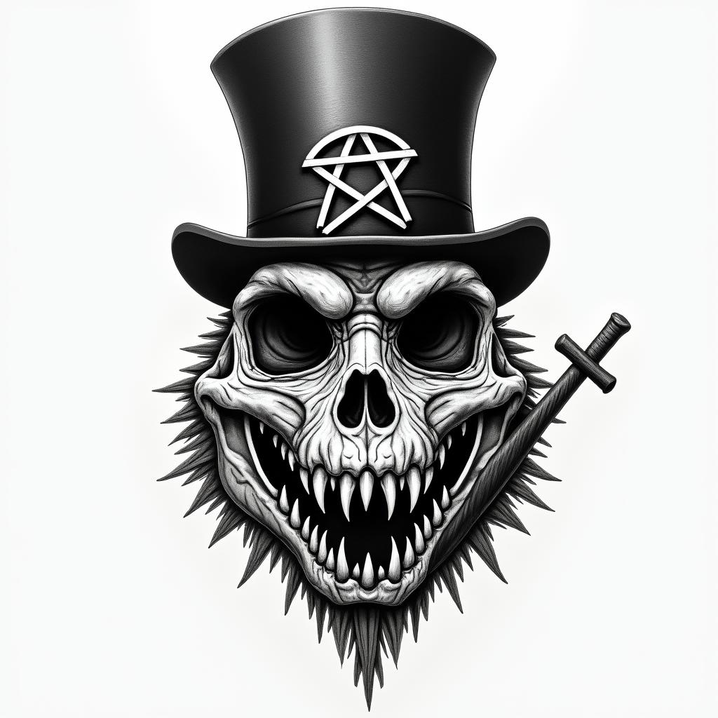 Alligator with Top hat & caneYep (creepy horror tattoo style, featuring an eerie and unsettling skull of a demonic creature, distorted face with sharp fangs, add pentagram symbol - Variation 3