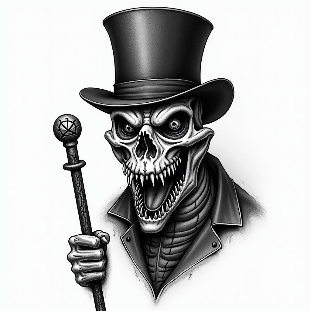 Alligator with Top hat & caneYep (creepy horror tattoo style, featuring an eerie and unsettling skull of a demonic creature, distorted face with sharp fangs, add pentagram symbol - Variation 4