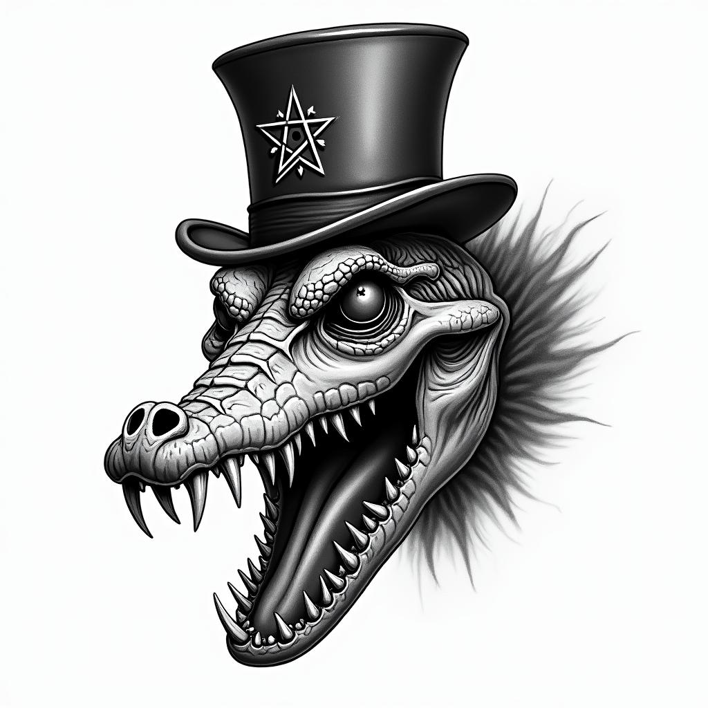 Alligator with Top hat & caneYep (creepy horror tattoo style, featuring an eerie and unsettling skull of a demonic creature, distorted face with sharp fangs, add pentagram symbol - Variation 2