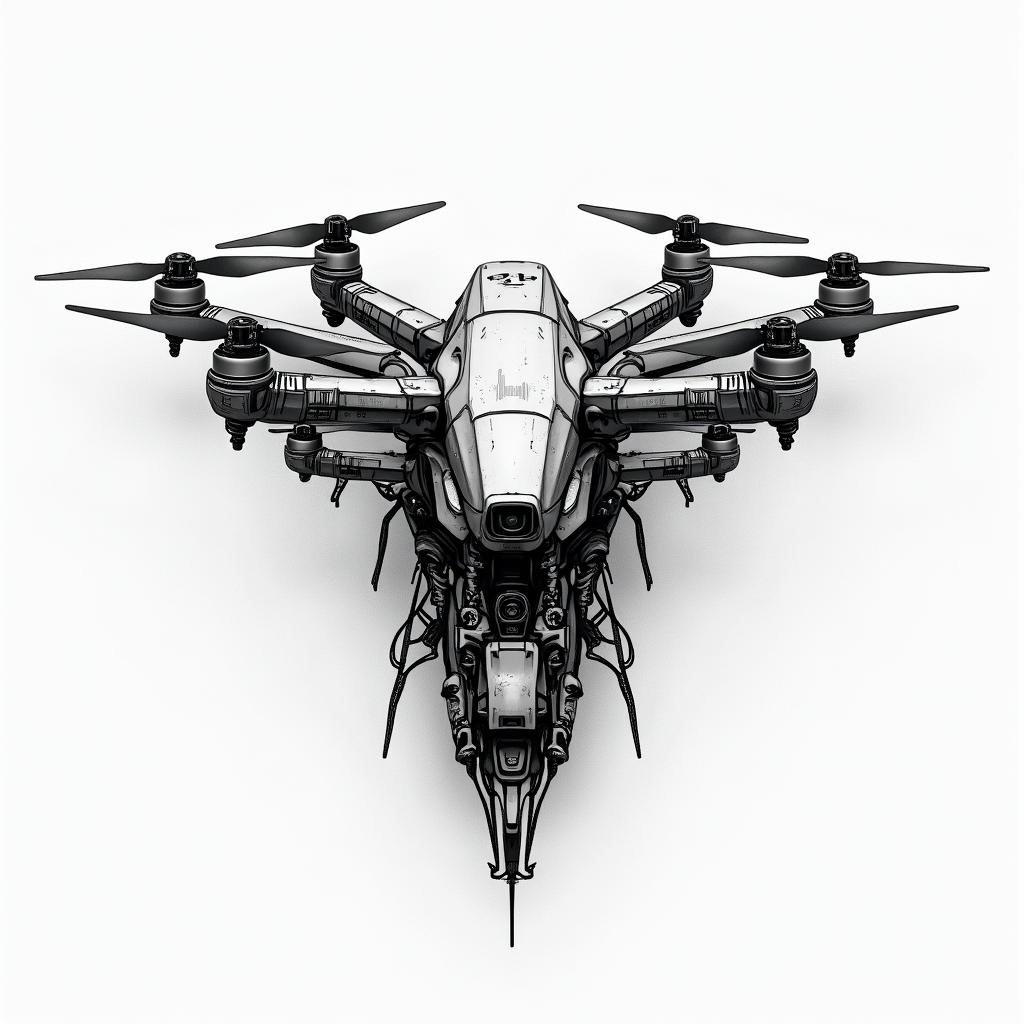 I want a picture of the DJI logo with some drones flying past ittattoo in biomechanic style, the tattoo covered by robotic elements of futuristic cyberpunk design, robotic features detail, showcasing intricate mechanical components