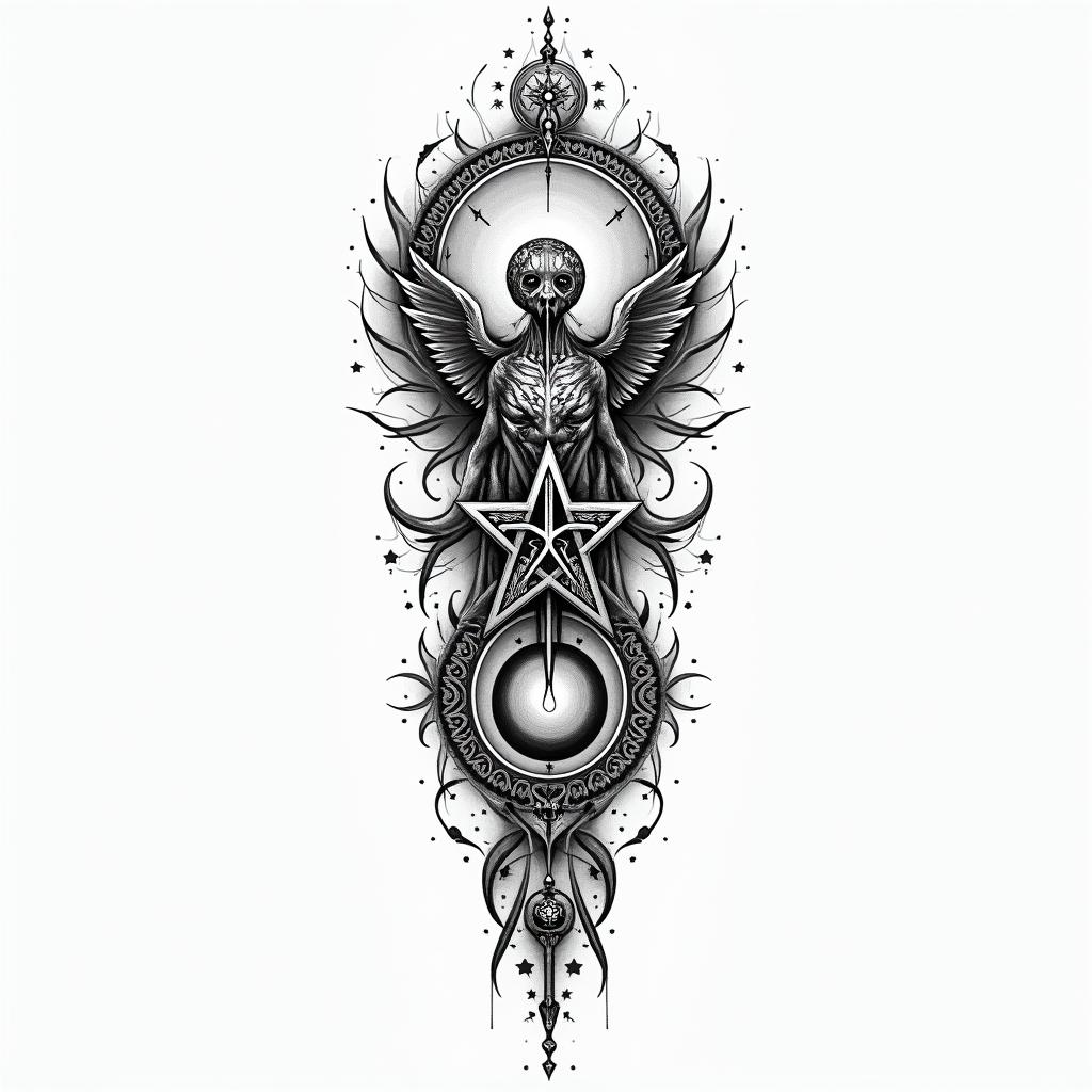 Malettain paganic style tattoo, featuring ancient symbols, add vegvisir symbol, mystical figures, incorporating designs, pentagrams, runes, crescent moons, - Variation 1