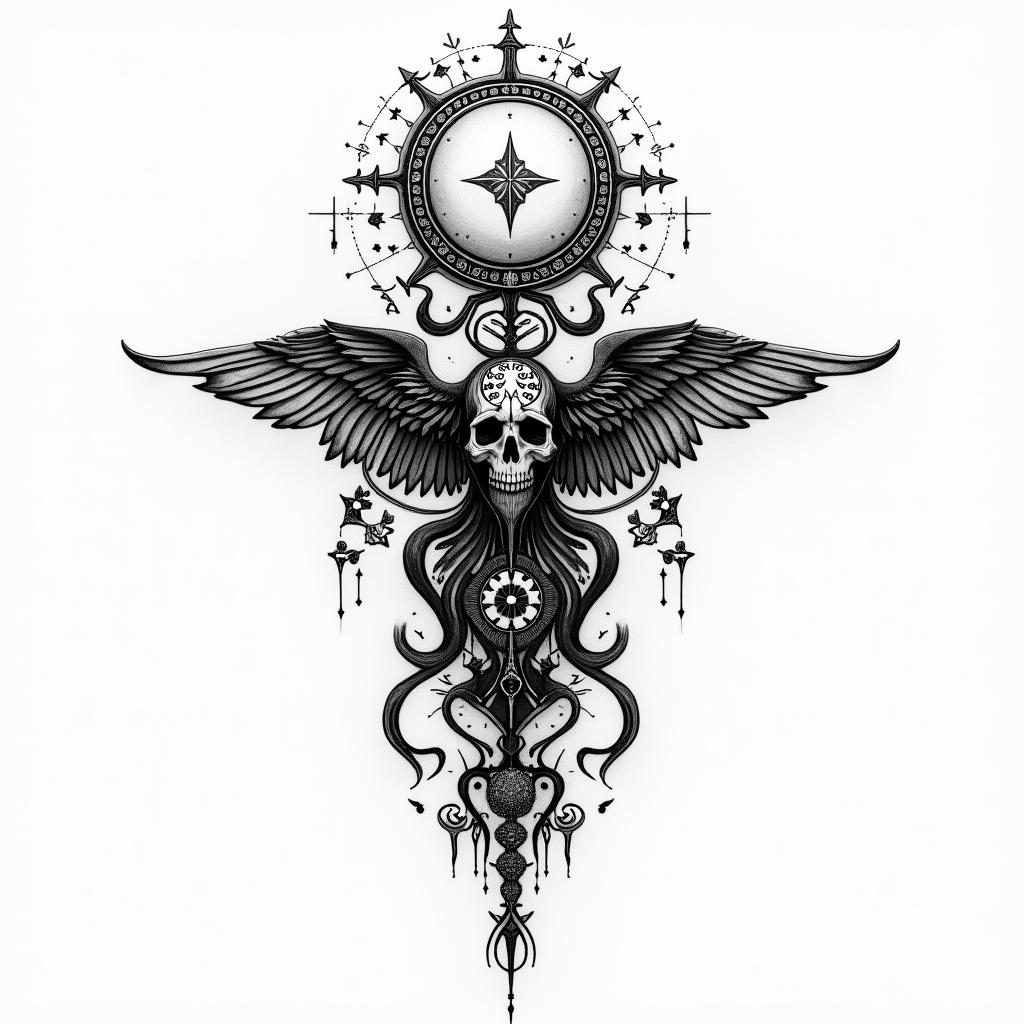 Malettain paganic style tattoo, featuring ancient symbols, add vegvisir symbol, mystical figures, incorporating designs, pentagrams, runes, crescent moons, - Variation 2