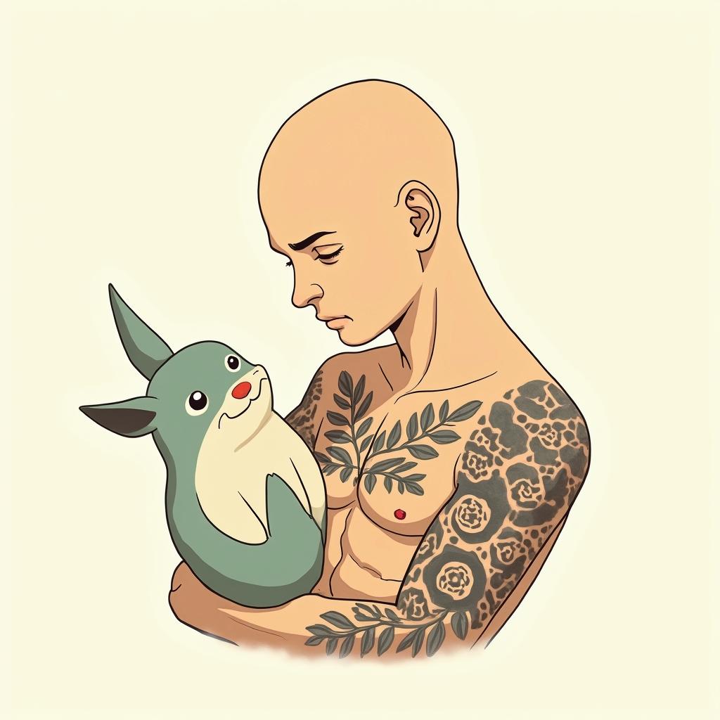 Samuele, half Italian and half English, loves large animals and is a Pisces who lives in Italy.Ghibli, Studio Ghibli aesthetic, hand-drawn anime style, retro nostalgic atmosphere, retro soft pastel color palette with earthy tones, retro Japanese cinematic shot, yellow tint effect, bald character, smooth surface, anime shadow 90's anime style - Variation 4