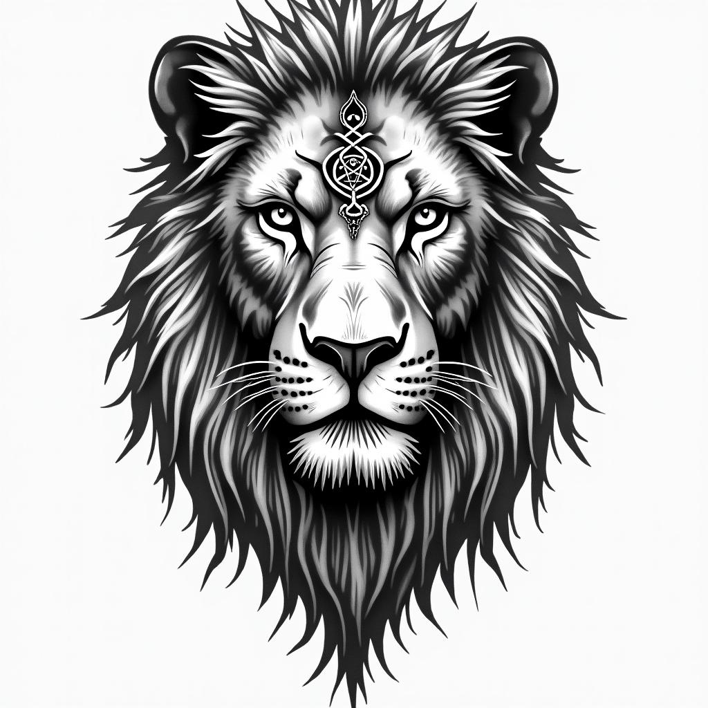 Lion, mystical, with a witch's knot on its forehead, penetrating gaze, in many colors.in paganic style tattoo, featuring ancient symbols, add vegvisir symbol, mystical figures, incorporating designs, pentagrams, runes, crescent moons, - Variation 3