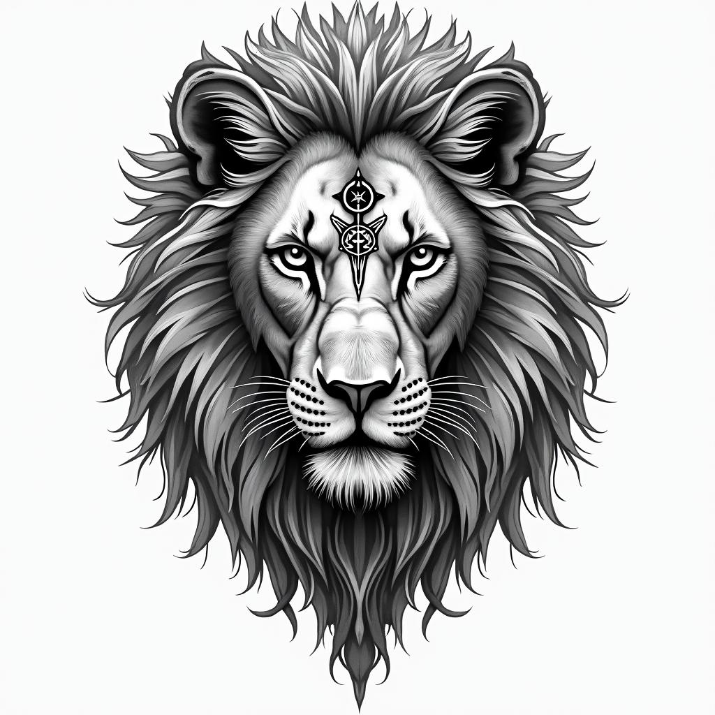Lion, mystical, with a witch's knot on its forehead, penetrating gaze, in many colors.in paganic style tattoo, featuring ancient symbols, add vegvisir symbol, mystical figures, incorporating designs, pentagrams, runes, crescent moons,