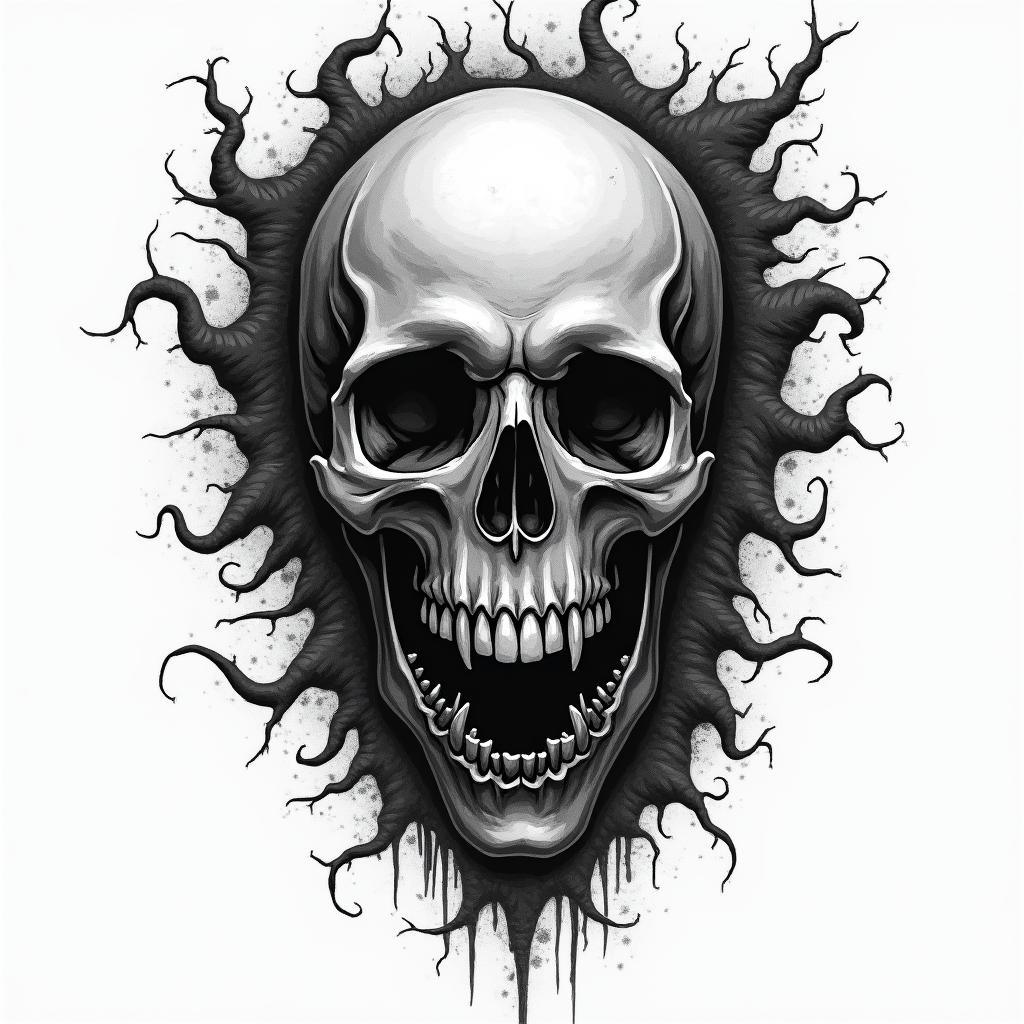 Disney goth horror in horror tattoo style, showcasing haunting and unsettling, dark and gritty textures with skulls, eerie faces, jgged designs, bold and intense shading - Variation 4