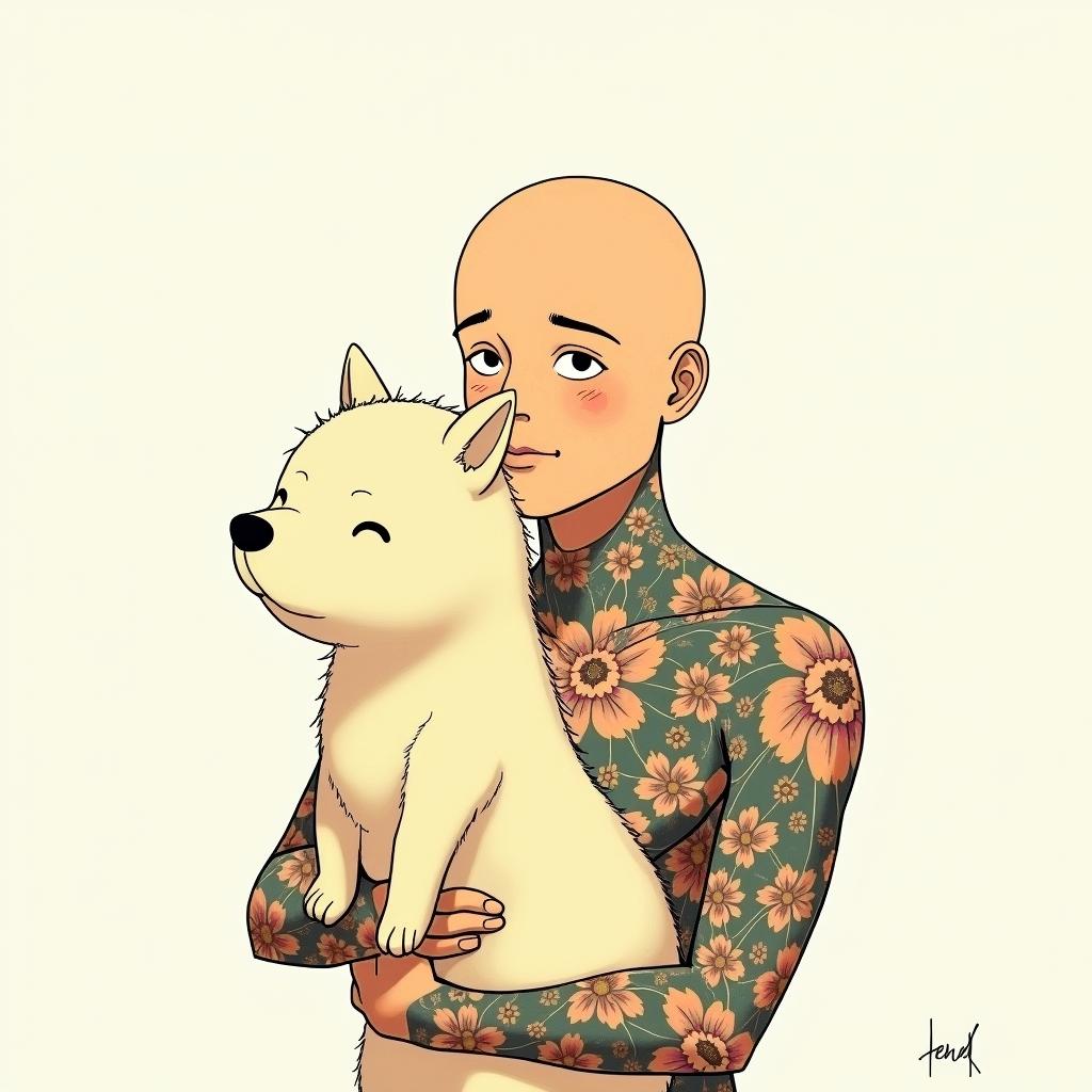 Samuele, half Italian and half English, loves big animals and is a Pisces who lives in Italy.Ghibli, Studio Ghibli aesthetic, hand-drawn anime style, retro nostalgic atmosphere, retro soft pastel color palette with earthy tones, retro Japanese cinematic shot, yellow tint effect, bald character, smooth surface, anime shadow 90's anime style - Variation 3