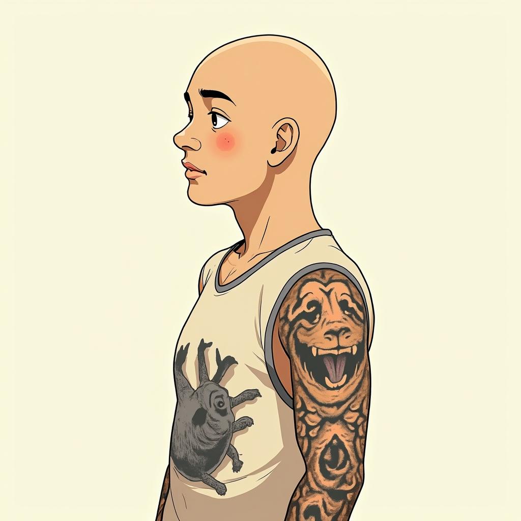 Samuele, half Italian and half English, loves big animals and is a Pisces who lives in Italy.Ghibli, Studio Ghibli aesthetic, hand-drawn anime style, retro nostalgic atmosphere, retro soft pastel color palette with earthy tones, retro Japanese cinematic shot, yellow tint effect, bald character, smooth surface, anime shadow 90's anime style - Variation 2