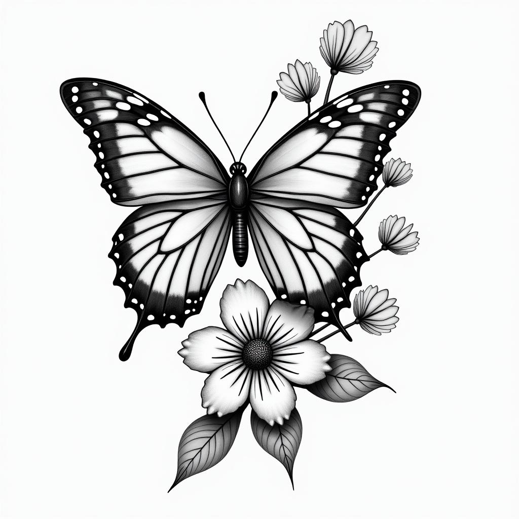 Flowers and butterfly’shigly detailed tattoo - Variation 2