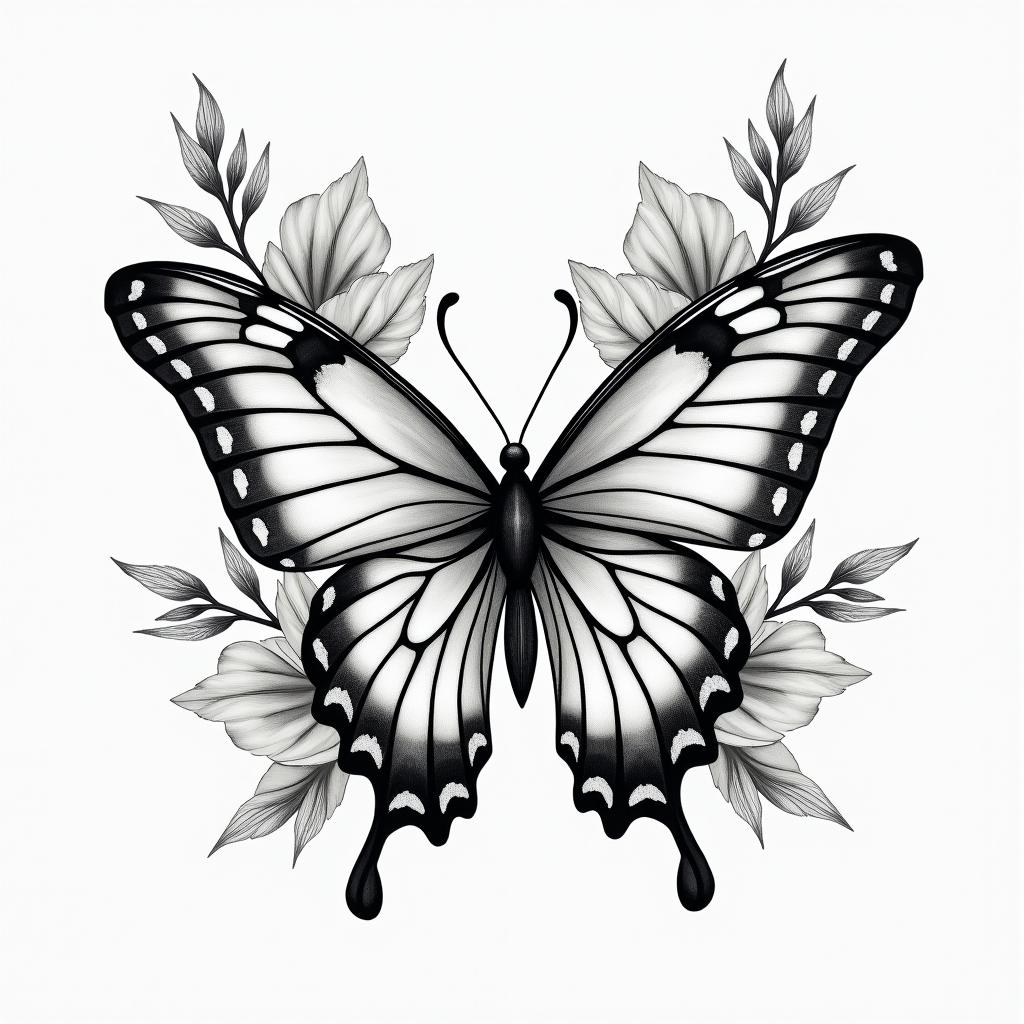 Flowers and butterfly’shigly detailed tattoo - Variation 3