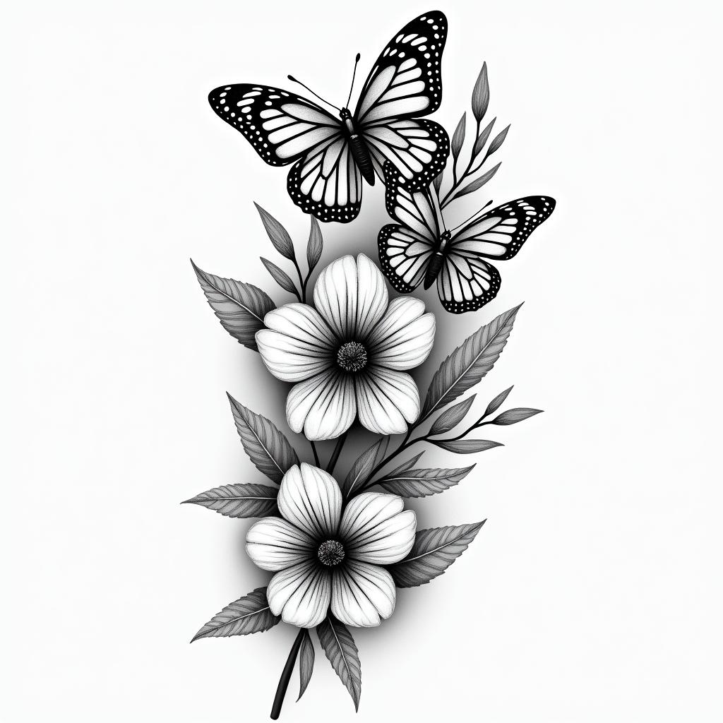 Flowers and butterfly’shigly detailed tattoo