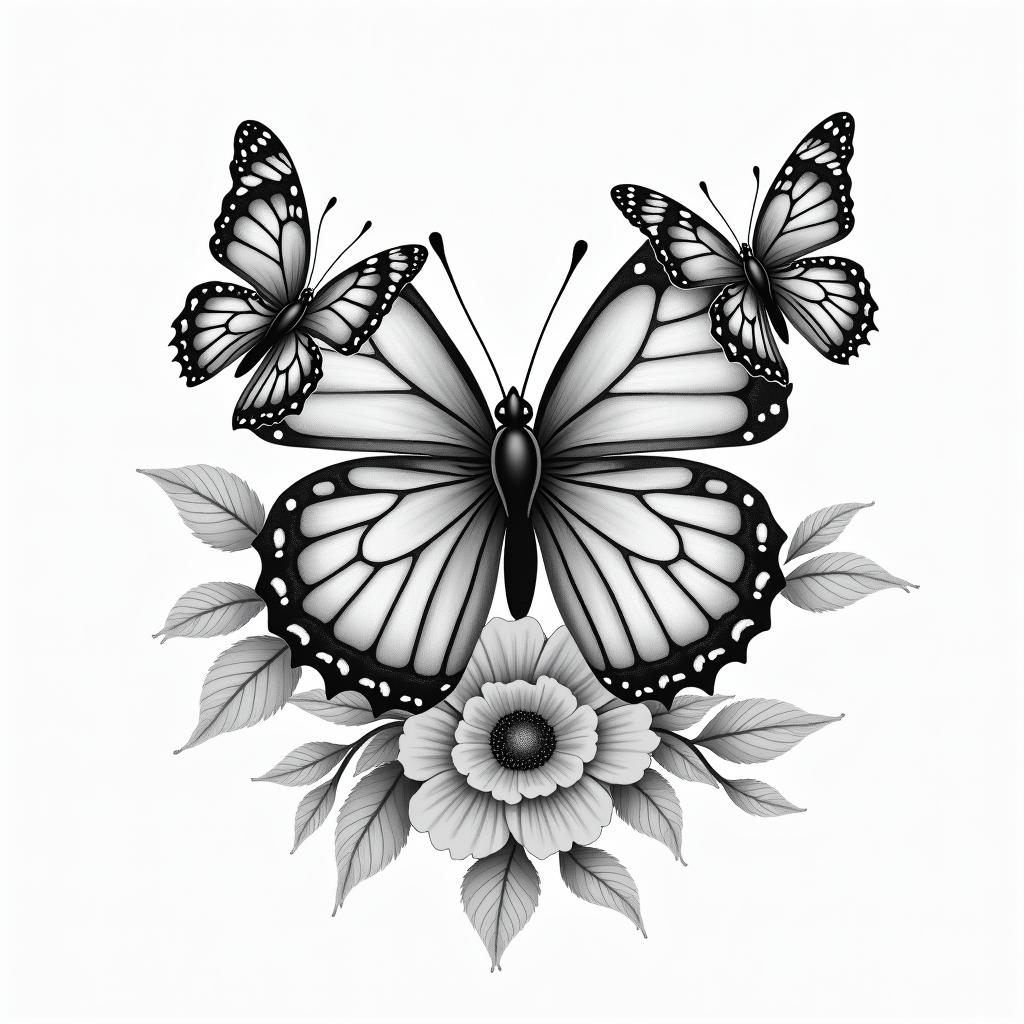 Flowers and butterfly’shigly detailed tattoo - Variation 4