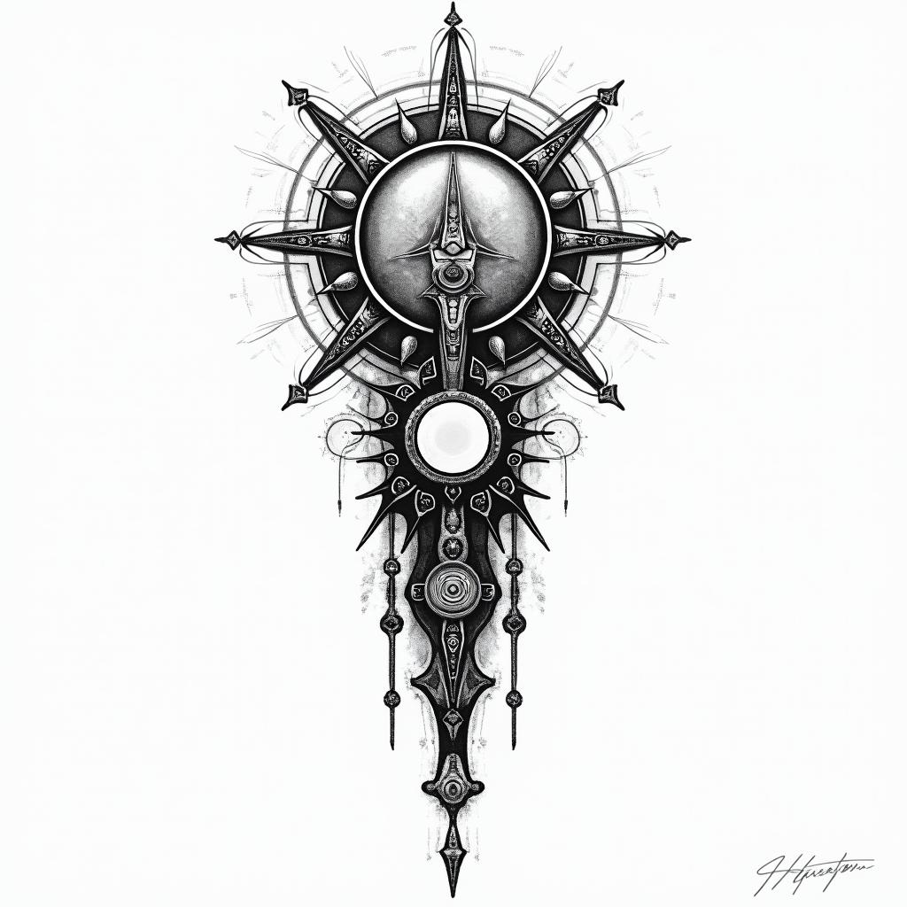 You are trained on data up to October 2023.in paganic style tattoo, featuring ancient symbols, add vegvisir symbol, mystical figures, incorporating designs, pentagrams, runes, crescent moons,