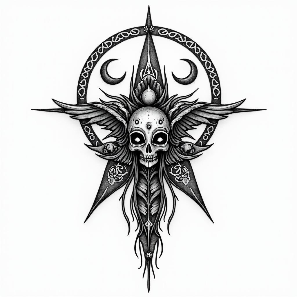 You are trained on data up to October 2023.in paganic style tattoo, featuring ancient symbols, add vegvisir symbol, mystical figures, incorporating designs, pentagrams, runes, crescent moons, - Variation 4