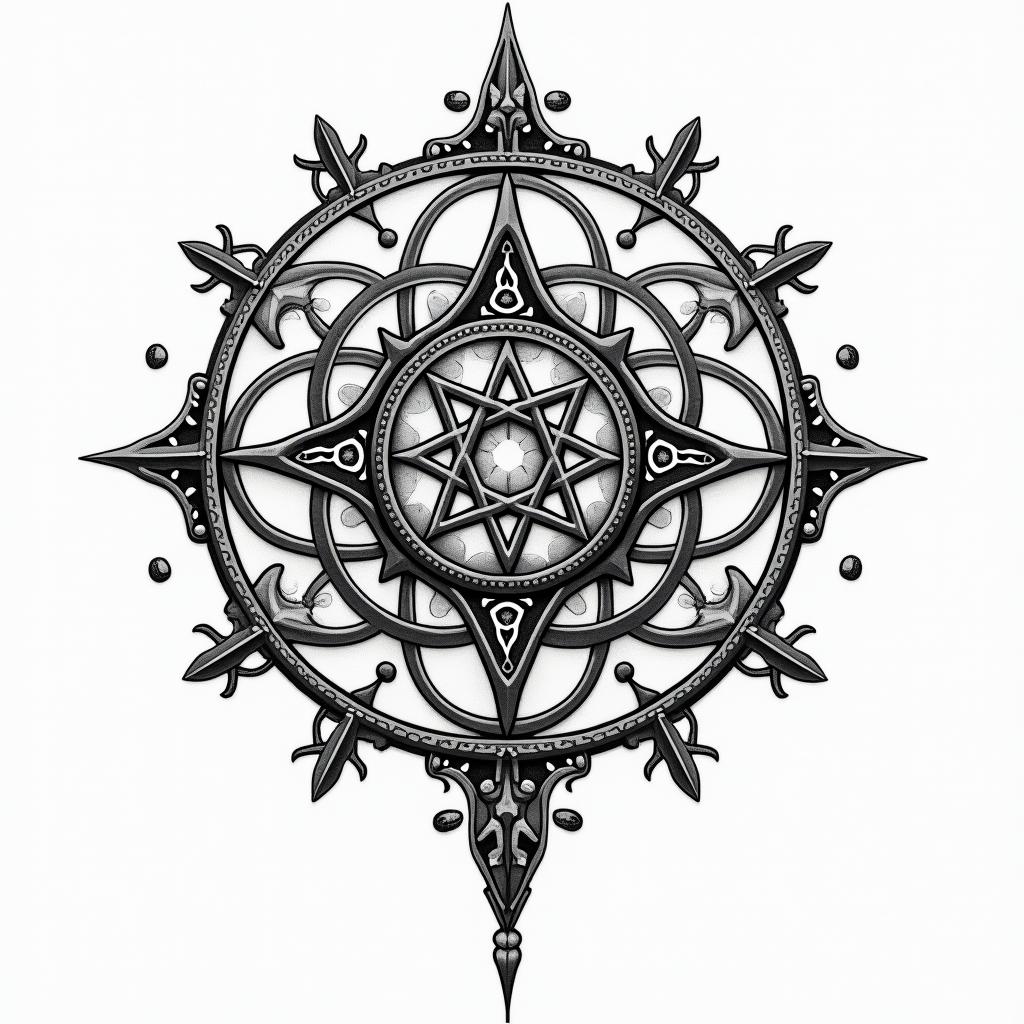 You are trained on data up to October 2023.in paganic style tattoo, featuring ancient symbols, add vegvisir symbol, mystical figures, incorporating designs, pentagrams, runes, crescent moons, - Variation 3