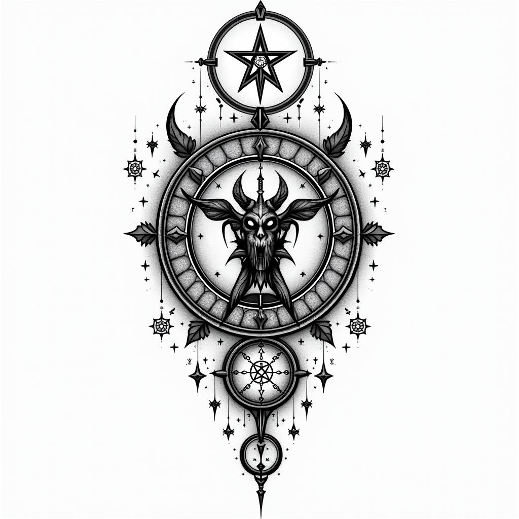 You are trained on data up to October 2023.in paganic style tattoo, featuring ancient symbols, add vegvisir symbol, mystical figures, incorporating designs, pentagrams, runes, crescent moons, - Variation 2