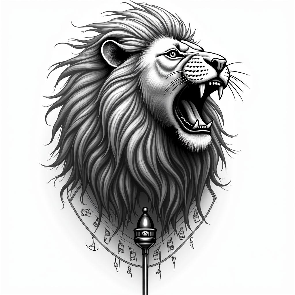 Roaring lion with flowing manein egyptian style tattoo, bold elements of ancient egyptian culture including a portrait of an Egyptian pharaoh with detailed facial features, in hieroglyphs and symbolic imagery, eye of horus, ankh symbol, scarab beetle - Variation 3