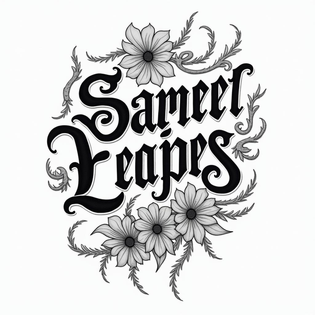 Samuele, half Italian and half English, who loves large animals and is a Pisces, lives in Italy.text-based tattoo, gothic font ultra-realistic, perfectly placed, high-quality font design, photo-realistic shading, 8k, high quality, finely detailed typography - Variation 4