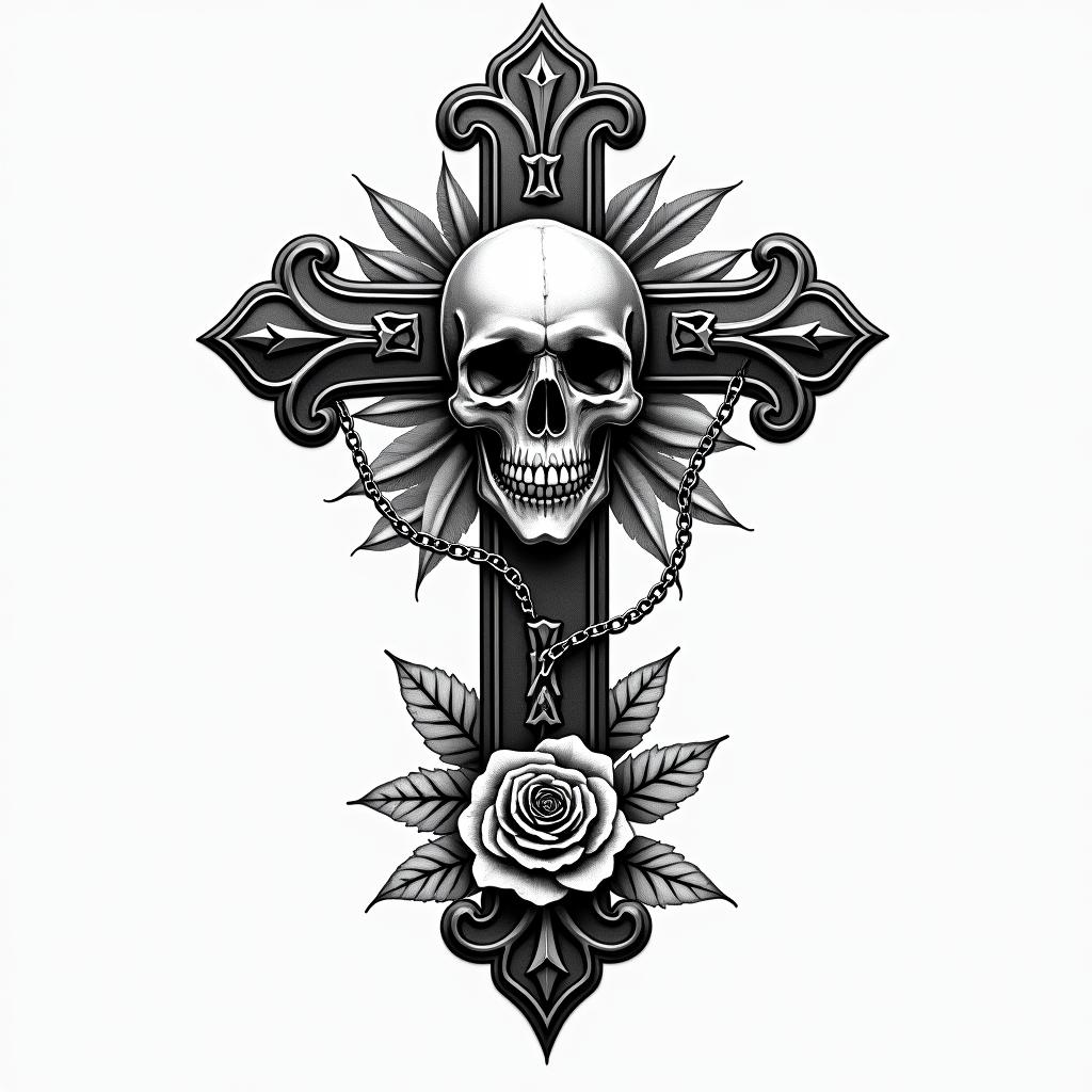 Life and deathin chicano style tattoo, featuring intricate black and grey shading, bold elements of traditional chicano culture symbols, add a big cross with skull, chains and roses - Variation 4