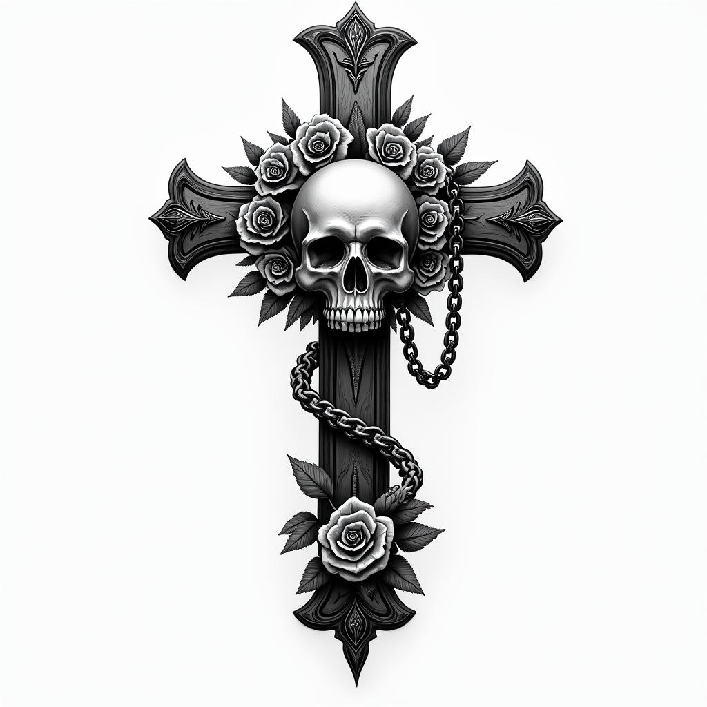 Life and deathin chicano style tattoo, featuring intricate black and grey shading, bold elements of traditional chicano culture symbols, add a big cross with skull, chains and roses