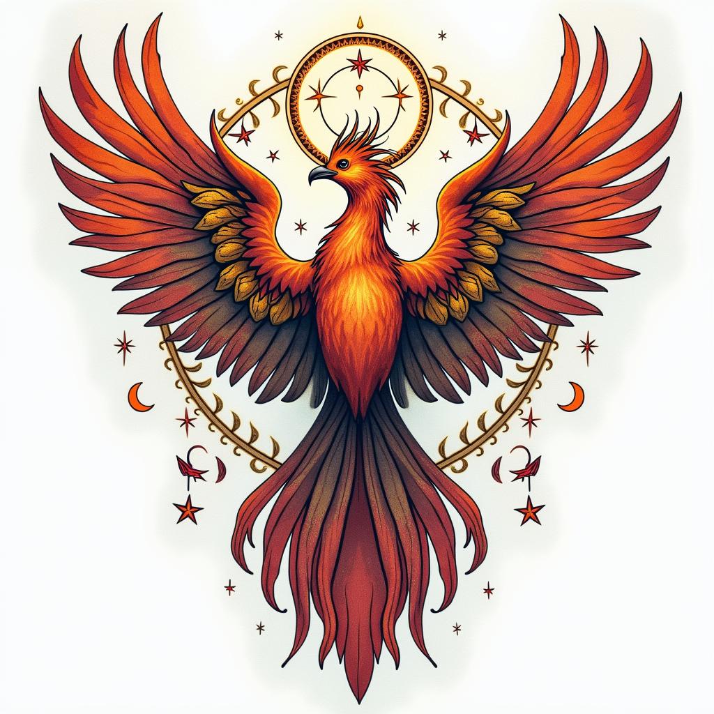 create a phoenix universe connection between two gay lovers
in paganic style tattoo, featuring ancient symbols, add vegvisir symbol, mystical figures, incorporating designs, pentagrams, runes, crescent moons,
