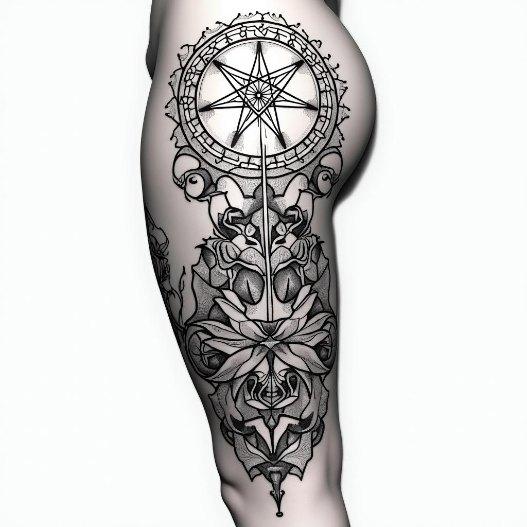 Floral lateral thighin paganic style tattoo, featuring ancient symbols, add vegvisir symbol, mystical figures, incorporating designs, pentagrams, runes, crescent moons, - Variation 4