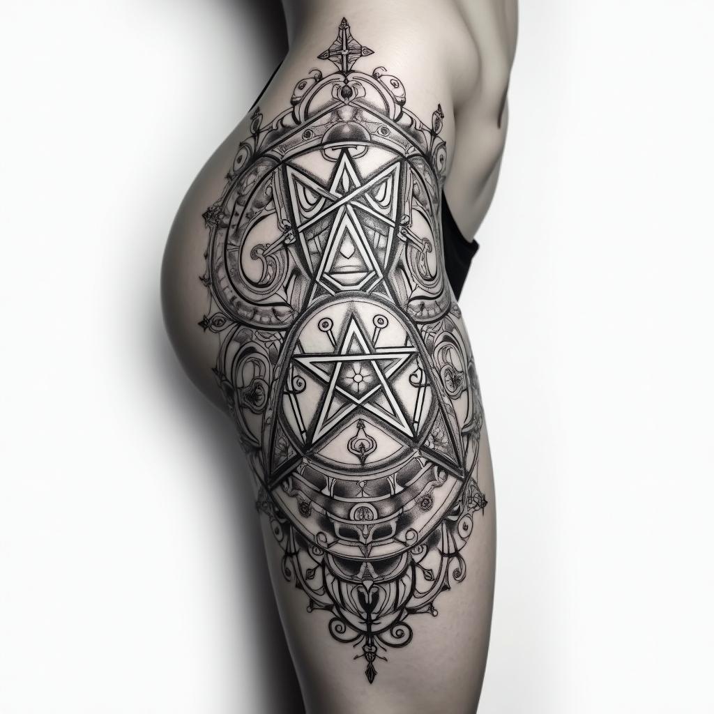 Floral lateral thighin paganic style tattoo, featuring ancient symbols, add vegvisir symbol, mystical figures, incorporating designs, pentagrams, runes, crescent moons,