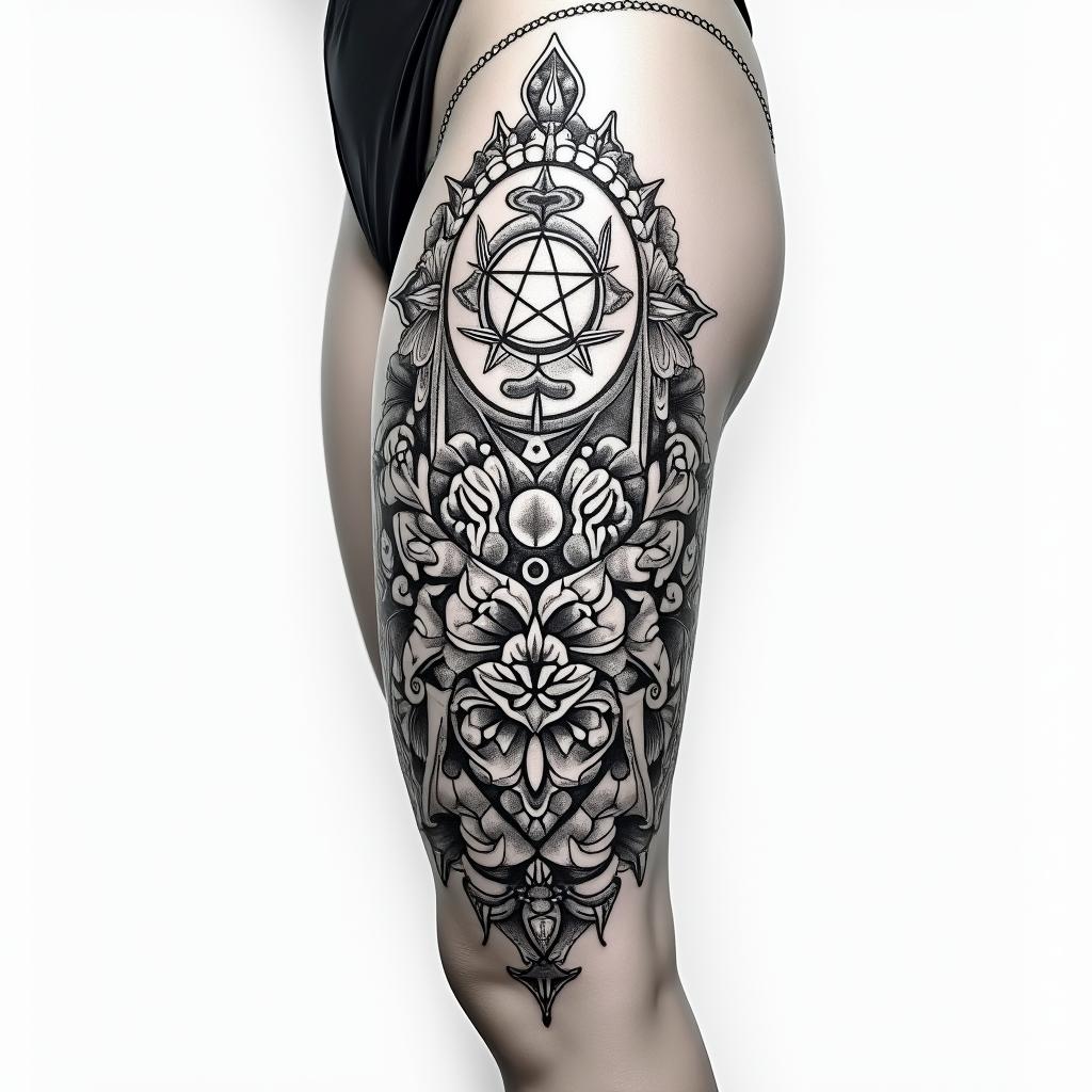 Floral lateral thighin paganic style tattoo, featuring ancient symbols, add vegvisir symbol, mystical figures, incorporating designs, pentagrams, runes, crescent moons, - Variation 3
